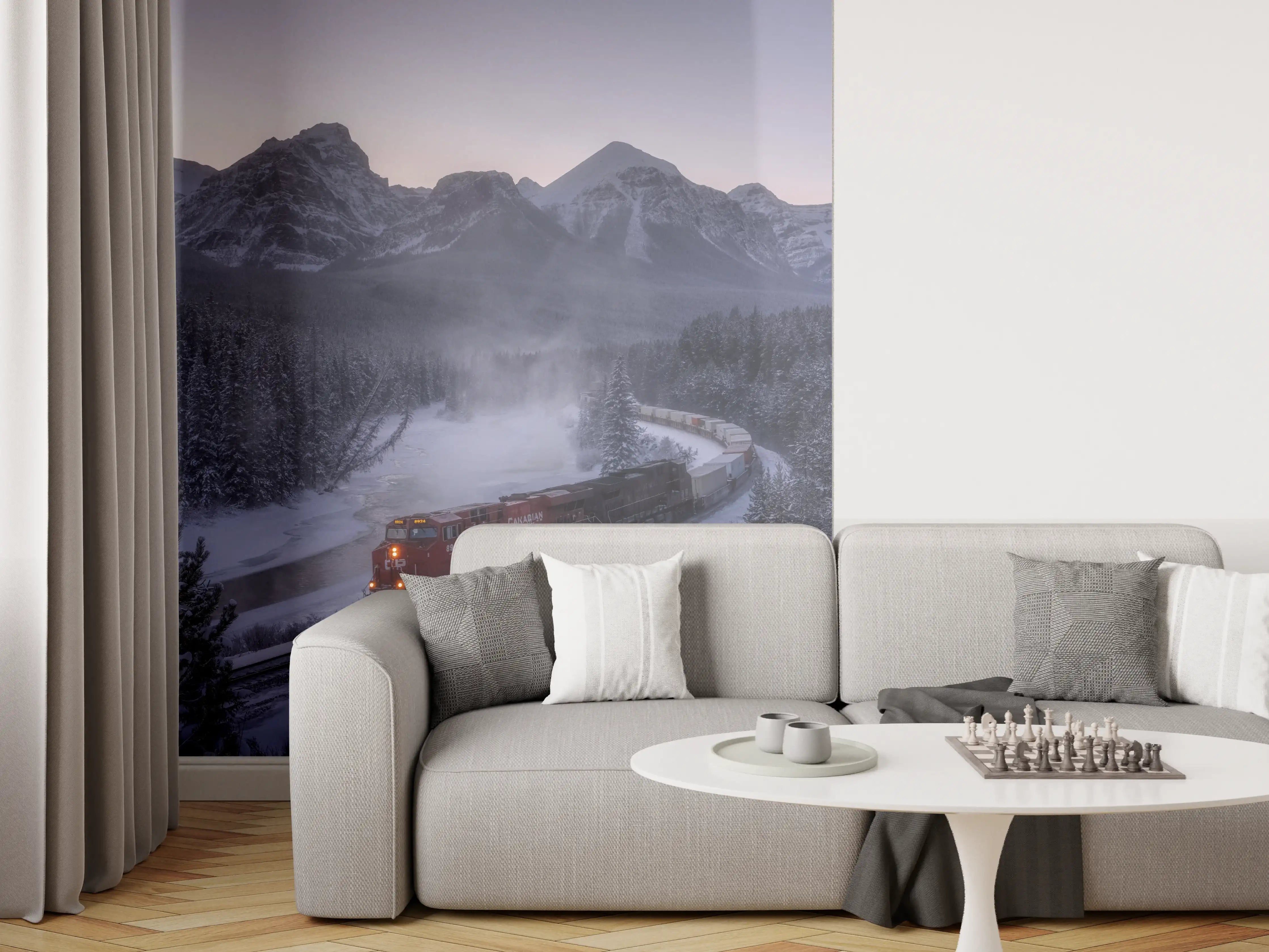 Wandverkleidung Wohnzimmer - Winterzug in Bergkulisse