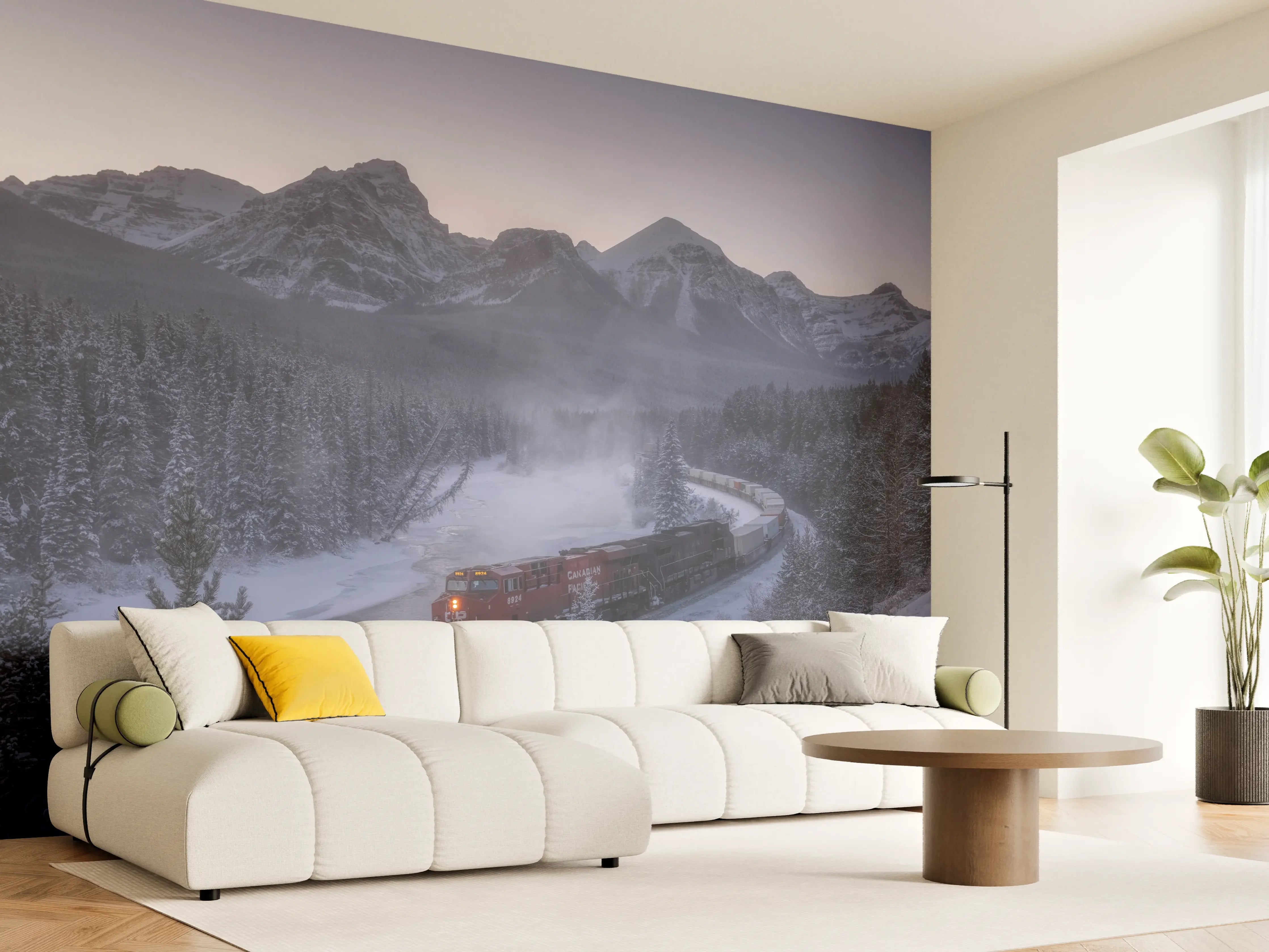 Wandverkleidung Wohnzimmer - Winterzug in Bergkulisse