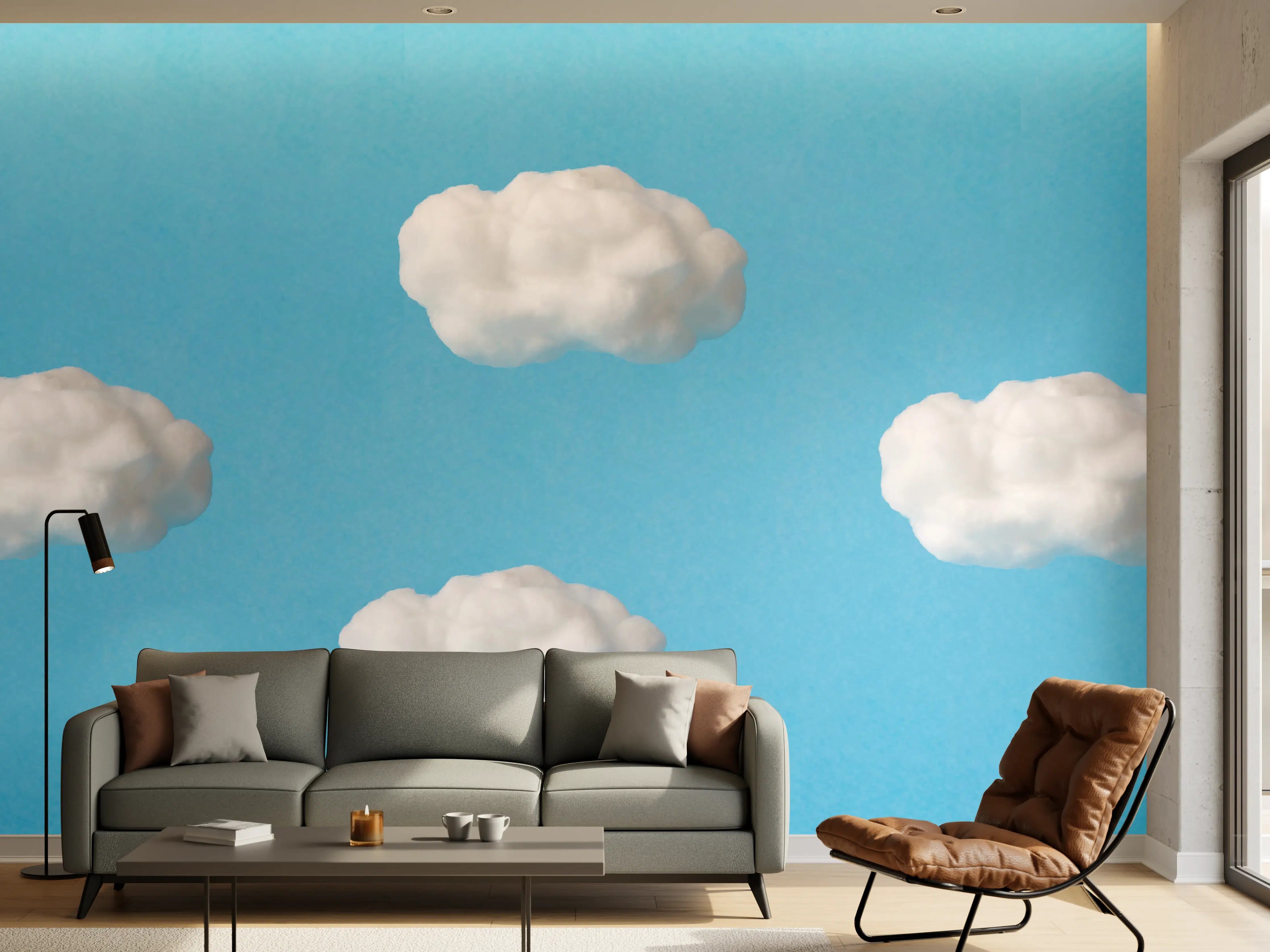 Wandverkleidung Wohnzimmer - Wolke aus Watte auf himmelblauem Hintergrund