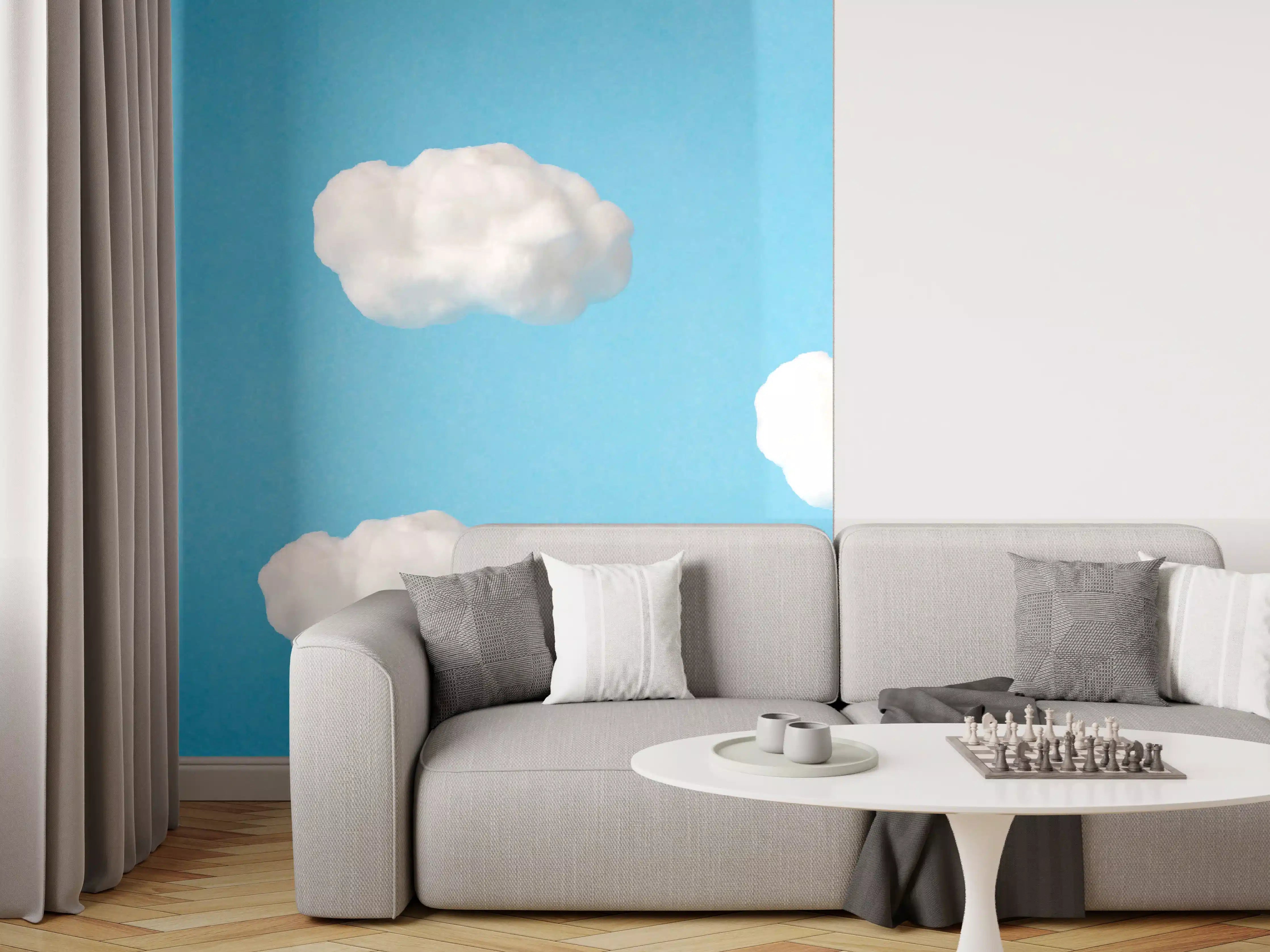 Wandverkleidung Wohnzimmer - Wolke aus Watte auf himmelblauem Hintergrund