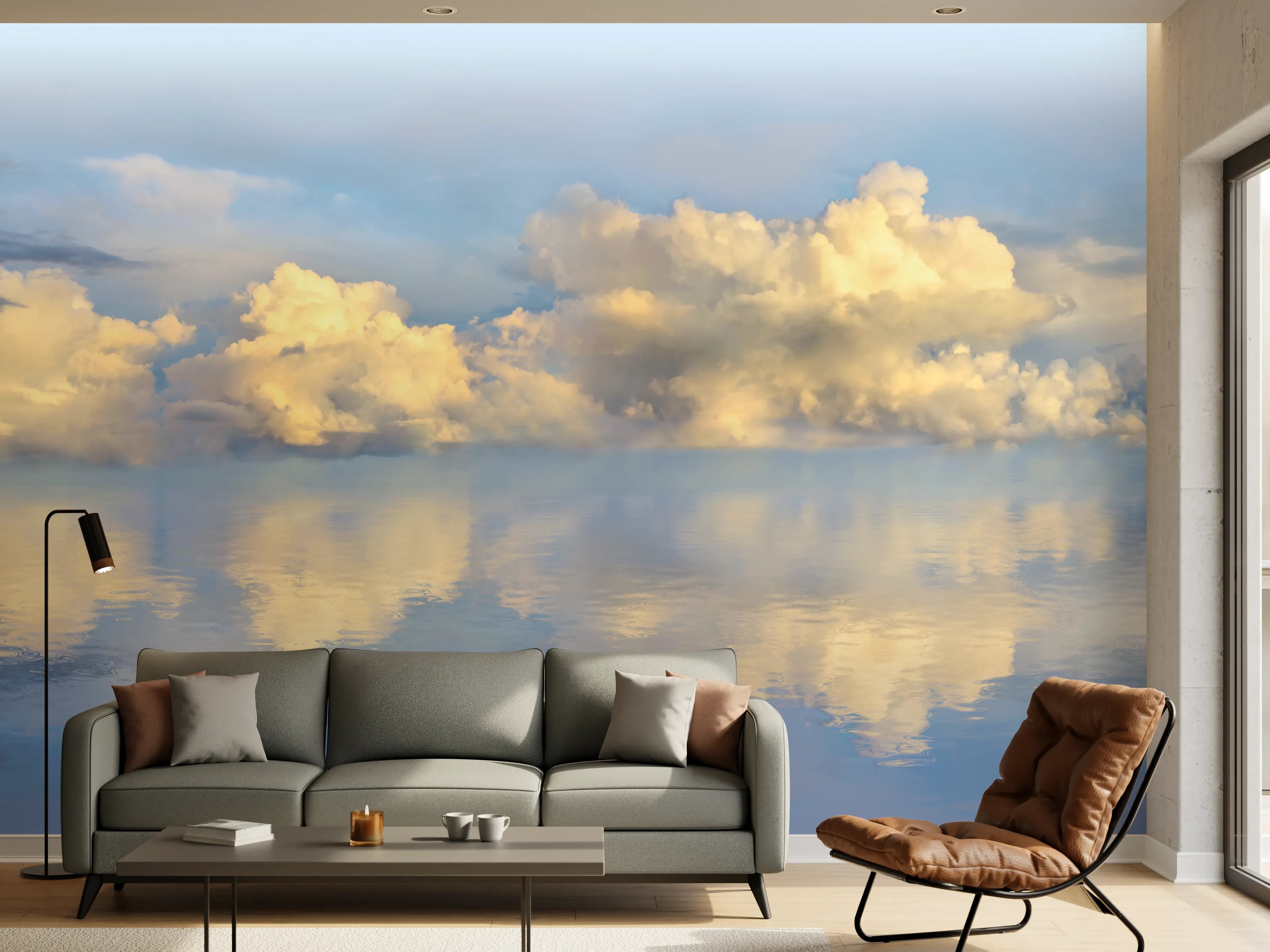Wandverkleidung Wohnzimmer - Wolkenmeer mit spiegelnder Wasseroberfläche