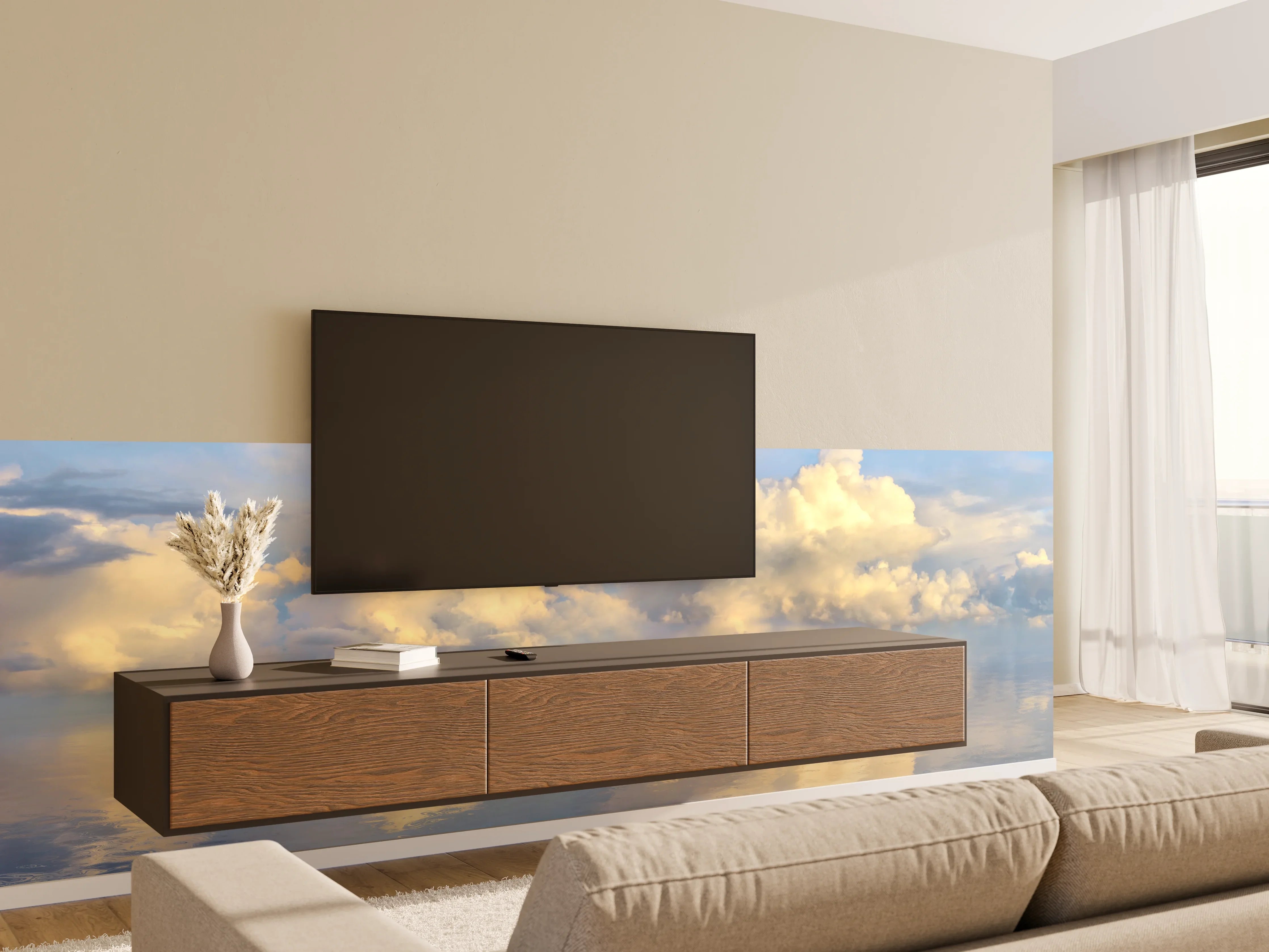 Wandverkleidung Wohnzimmer - Wolkenmeer mit spiegelnder Wasseroberfläche