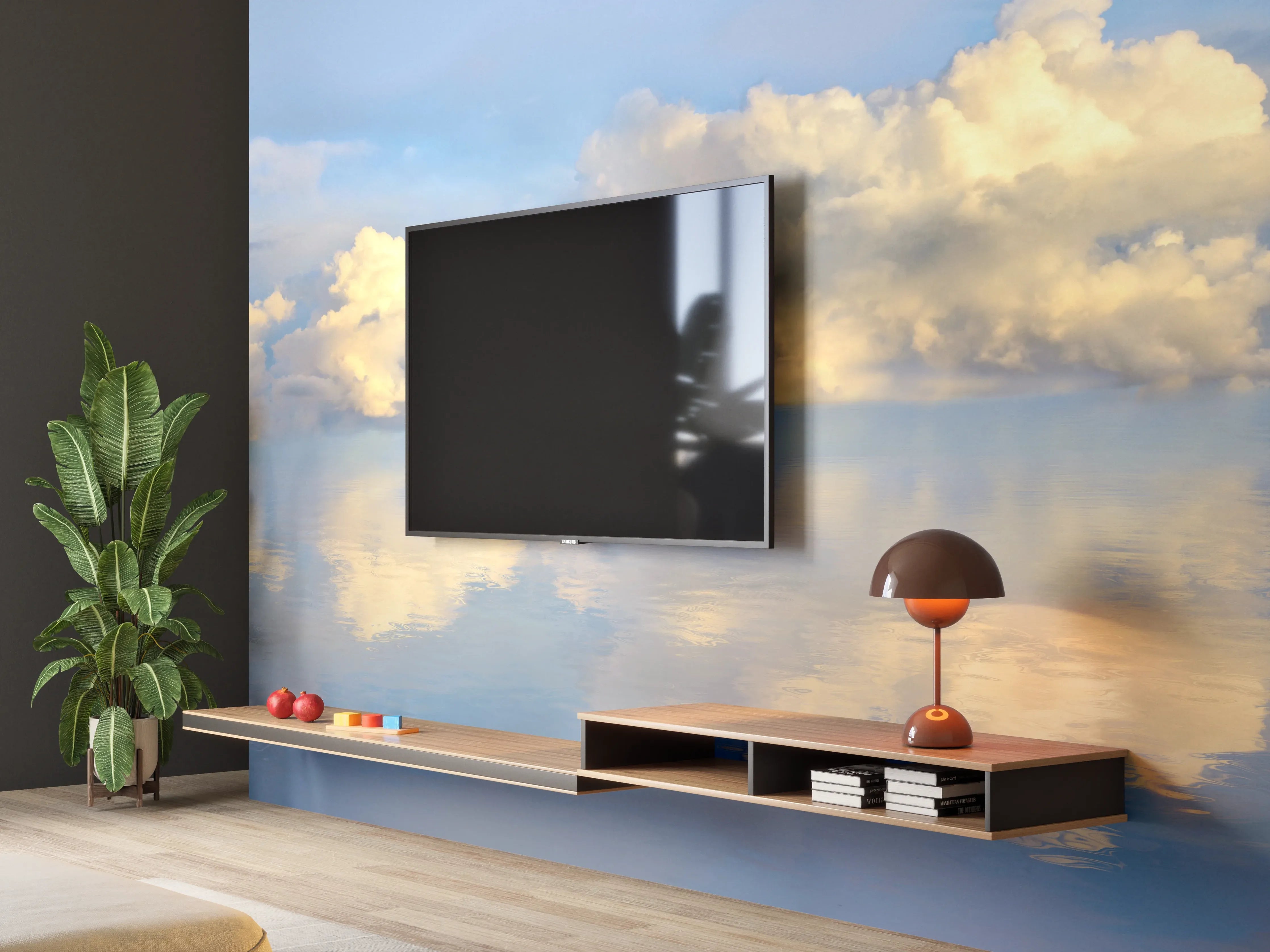 Wandverkleidung Wohnzimmer - Wolkenmeer mit spiegelnder Wasseroberfläche