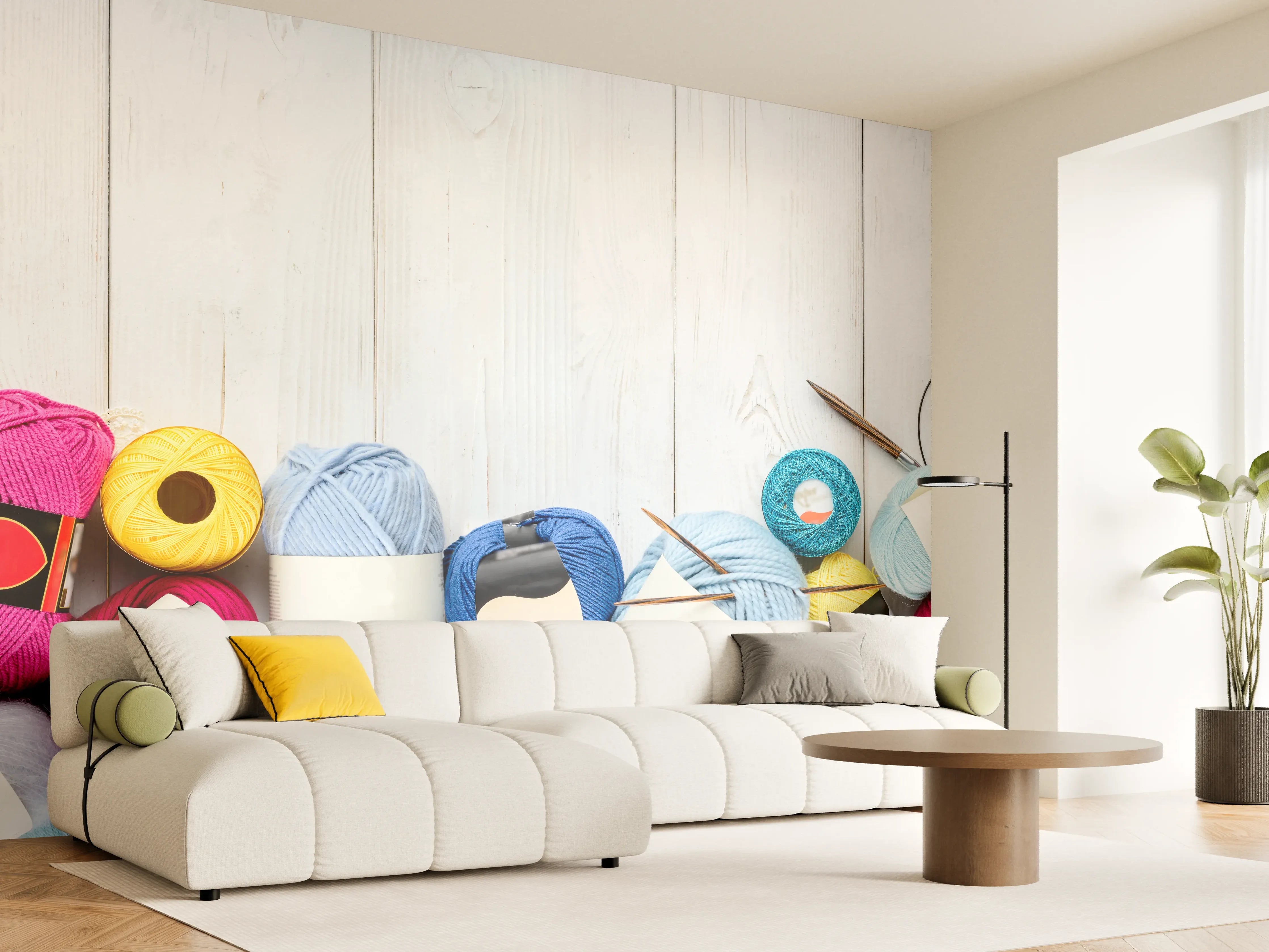 Wandverkleidung Wohnzimmer - Wolle und Stricknadeln auf Holzhintergrund