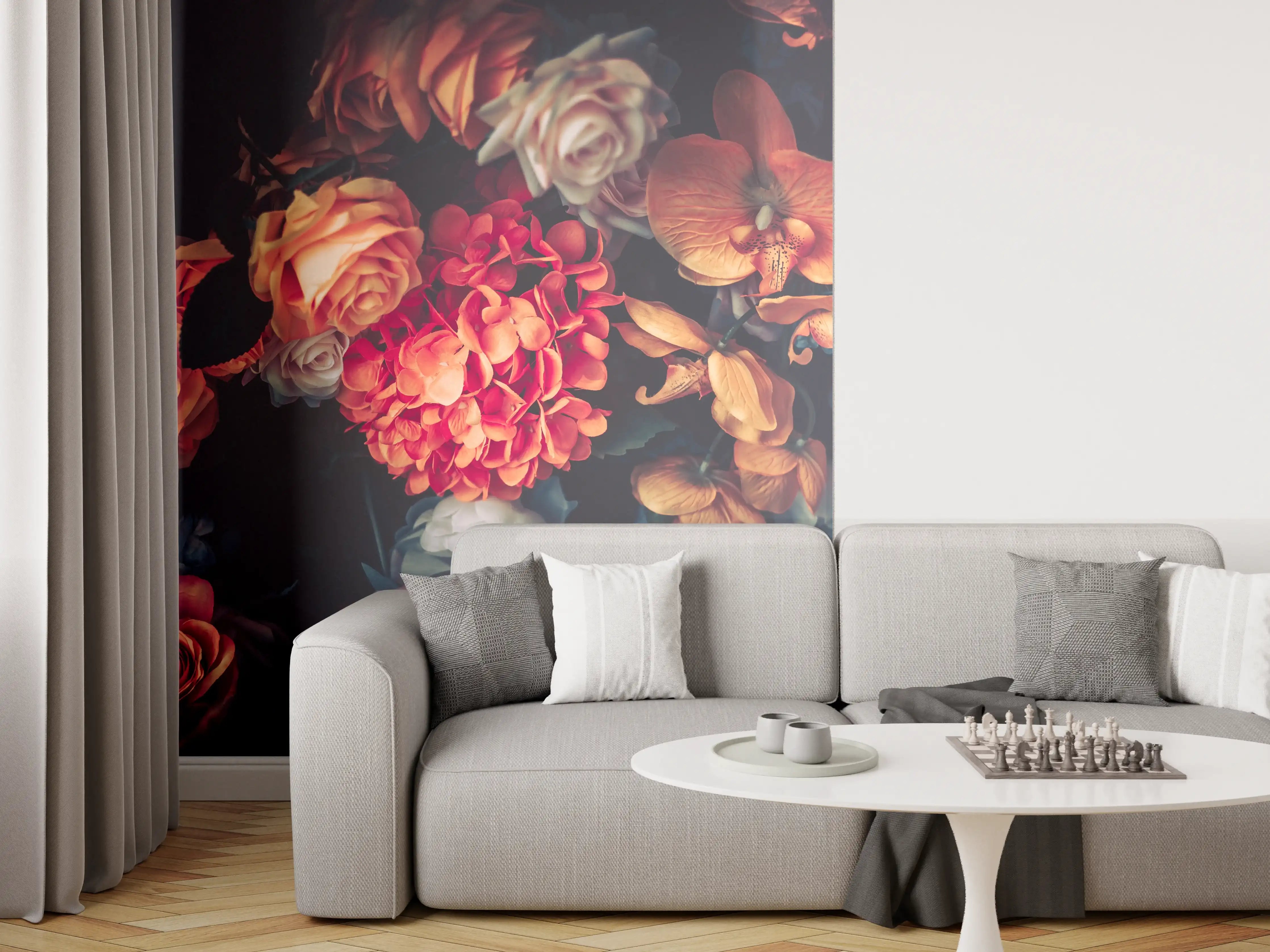 Wandverkleidung Wohnzimmer - Wunderschöne Blumenpracht in dunklem Licht