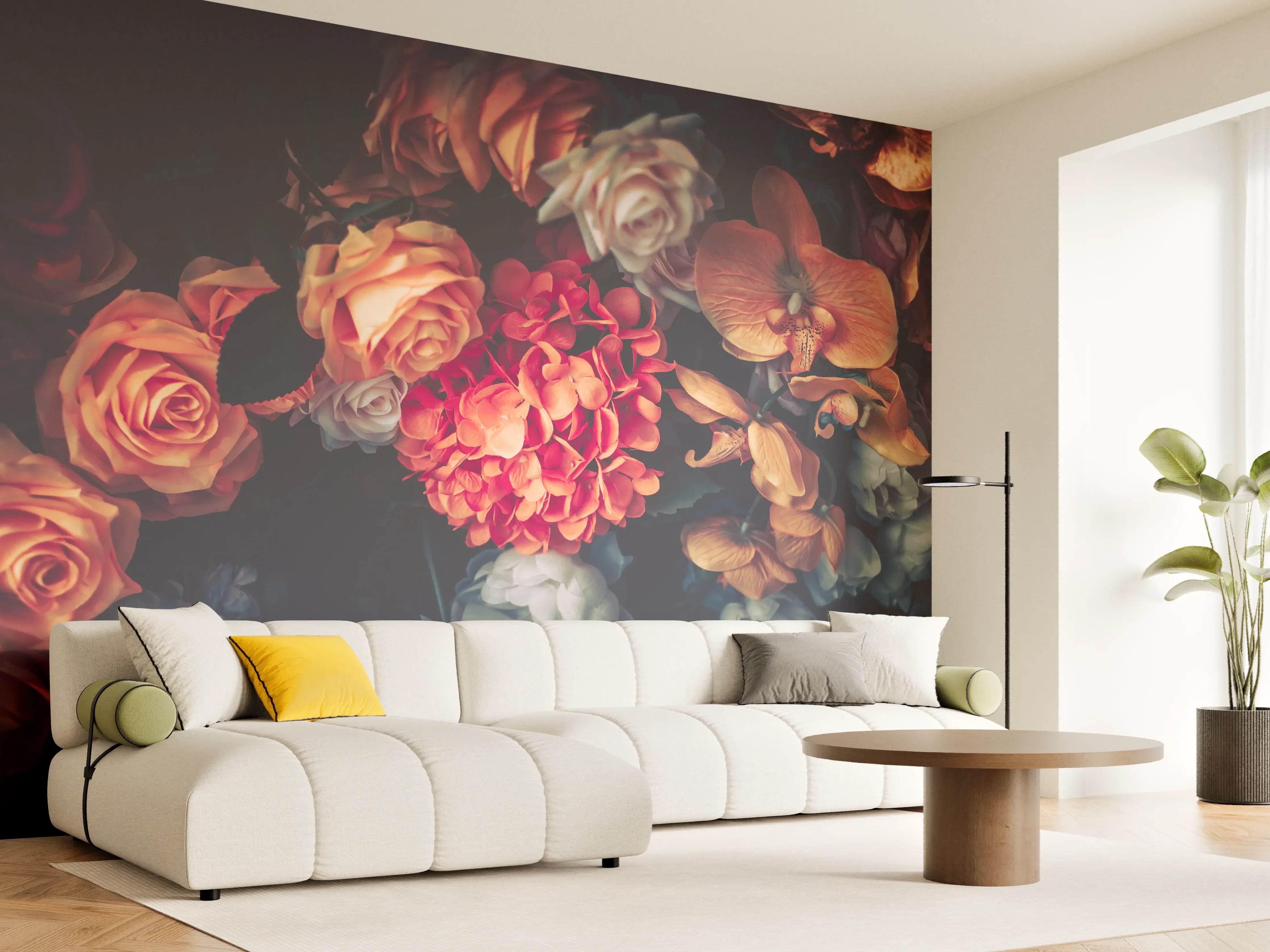Wandverkleidung Wohnzimmer - Wunderschöne Blumenpracht in dunklem Licht