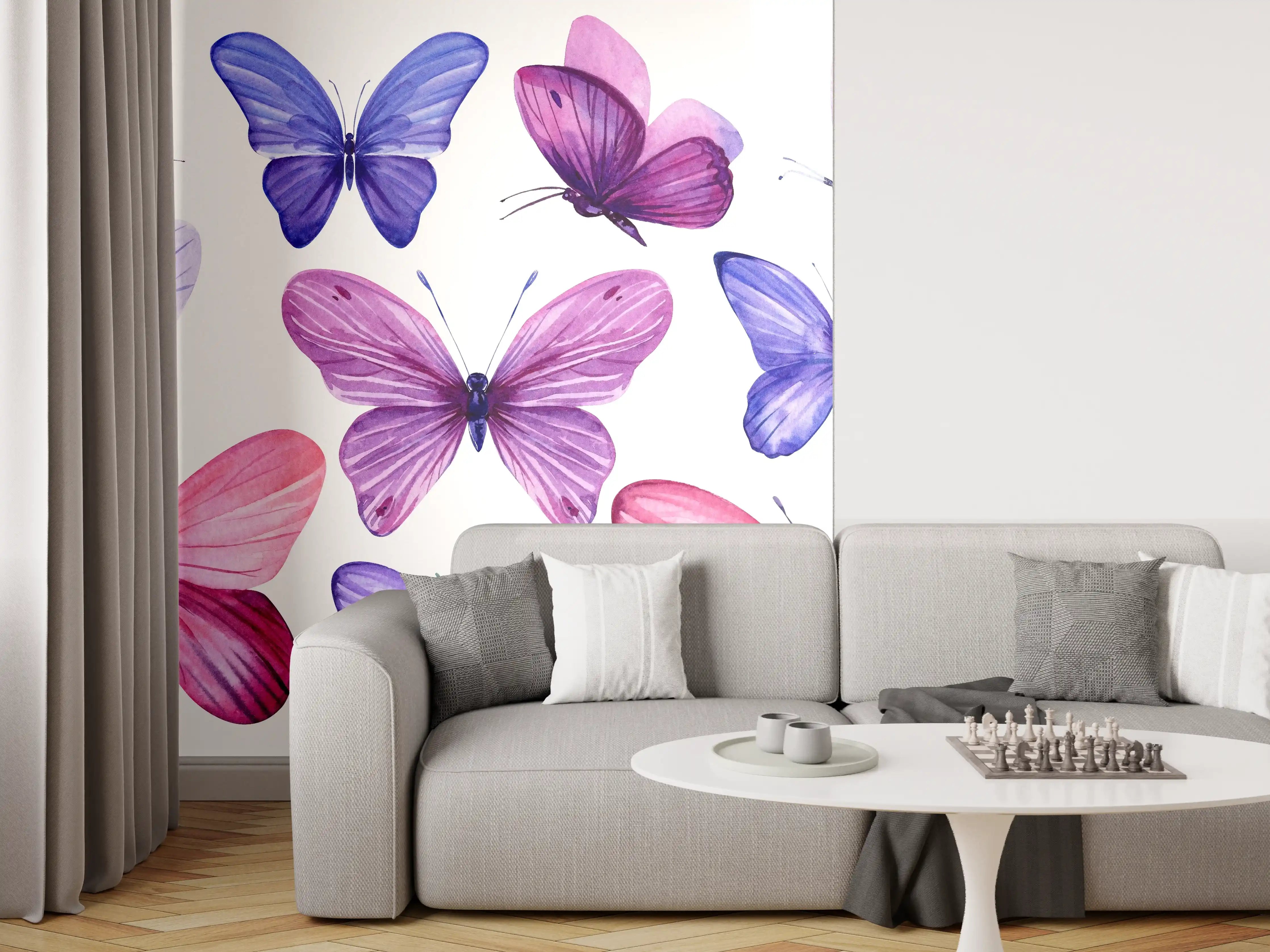 Wandverkleidung Wohnzimmer - Wunderschöne Schmetterlinge auf weißem Hintergrund