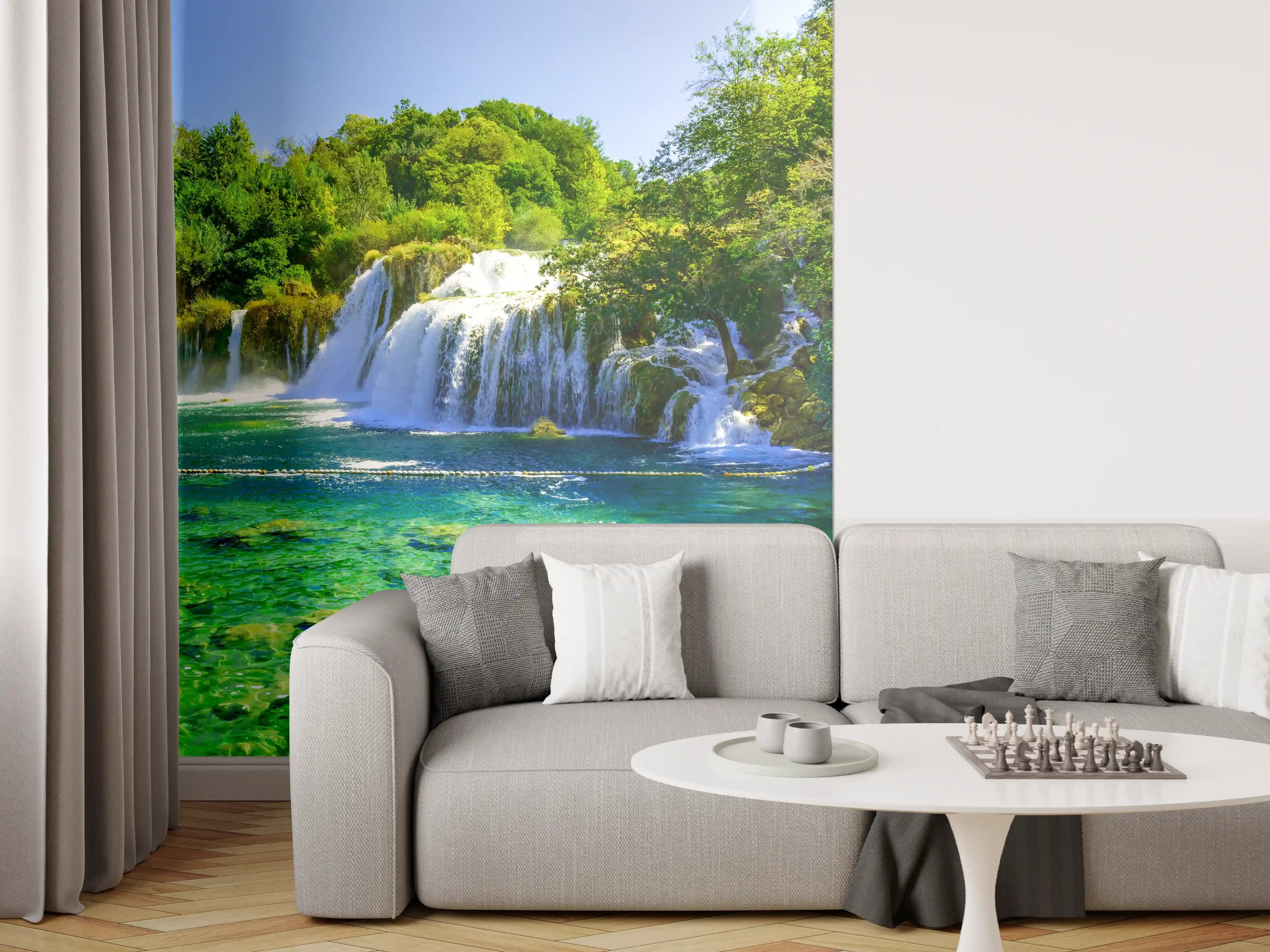Wandverkleidung Wohnzimmer - Wunderschöne Wasserfall-Landschaft in Grüntönen