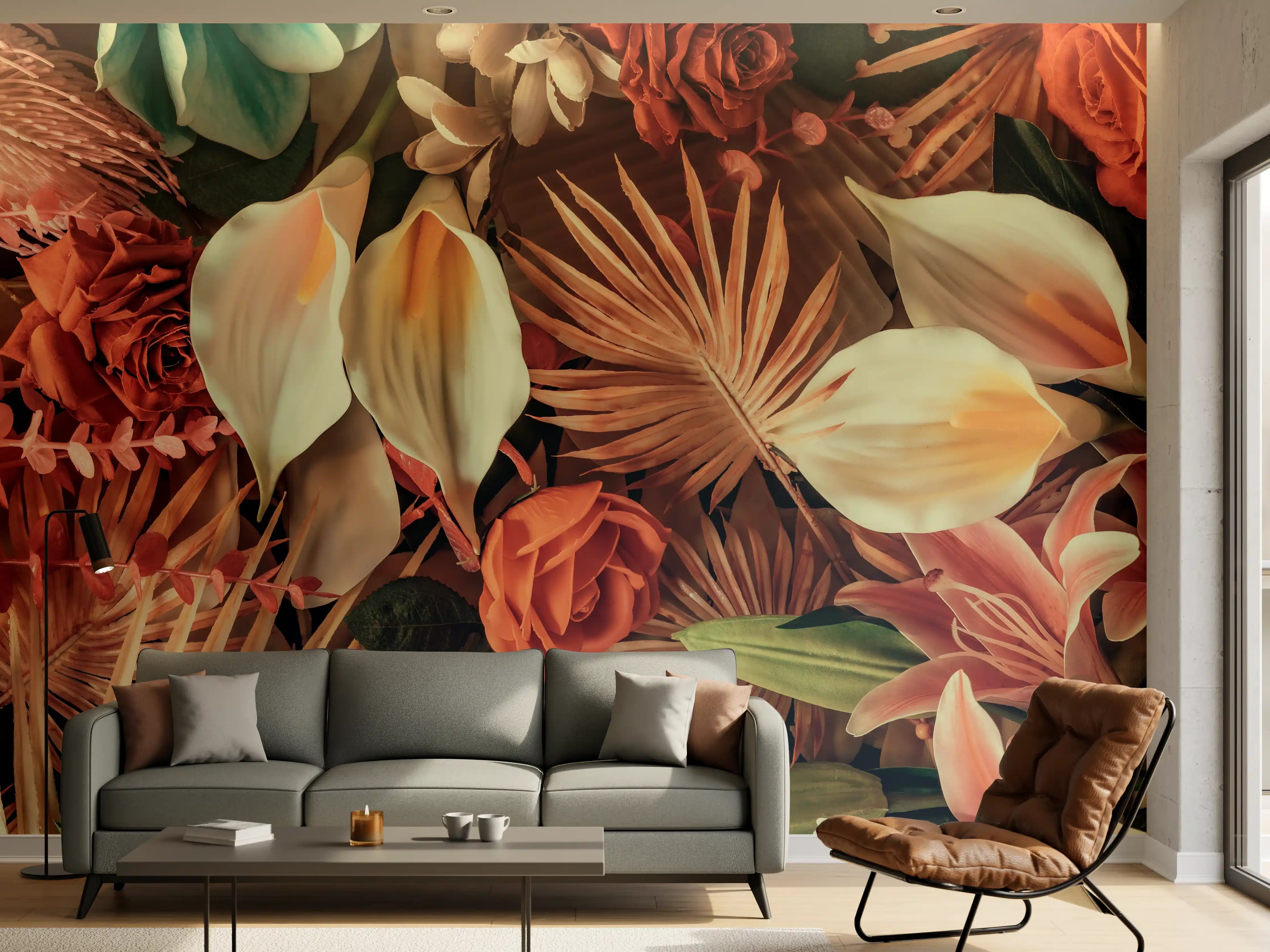 Wandverkleidung Wohnzimmer - Wunderschöne botanische Collage mit warmen Farbtönen
