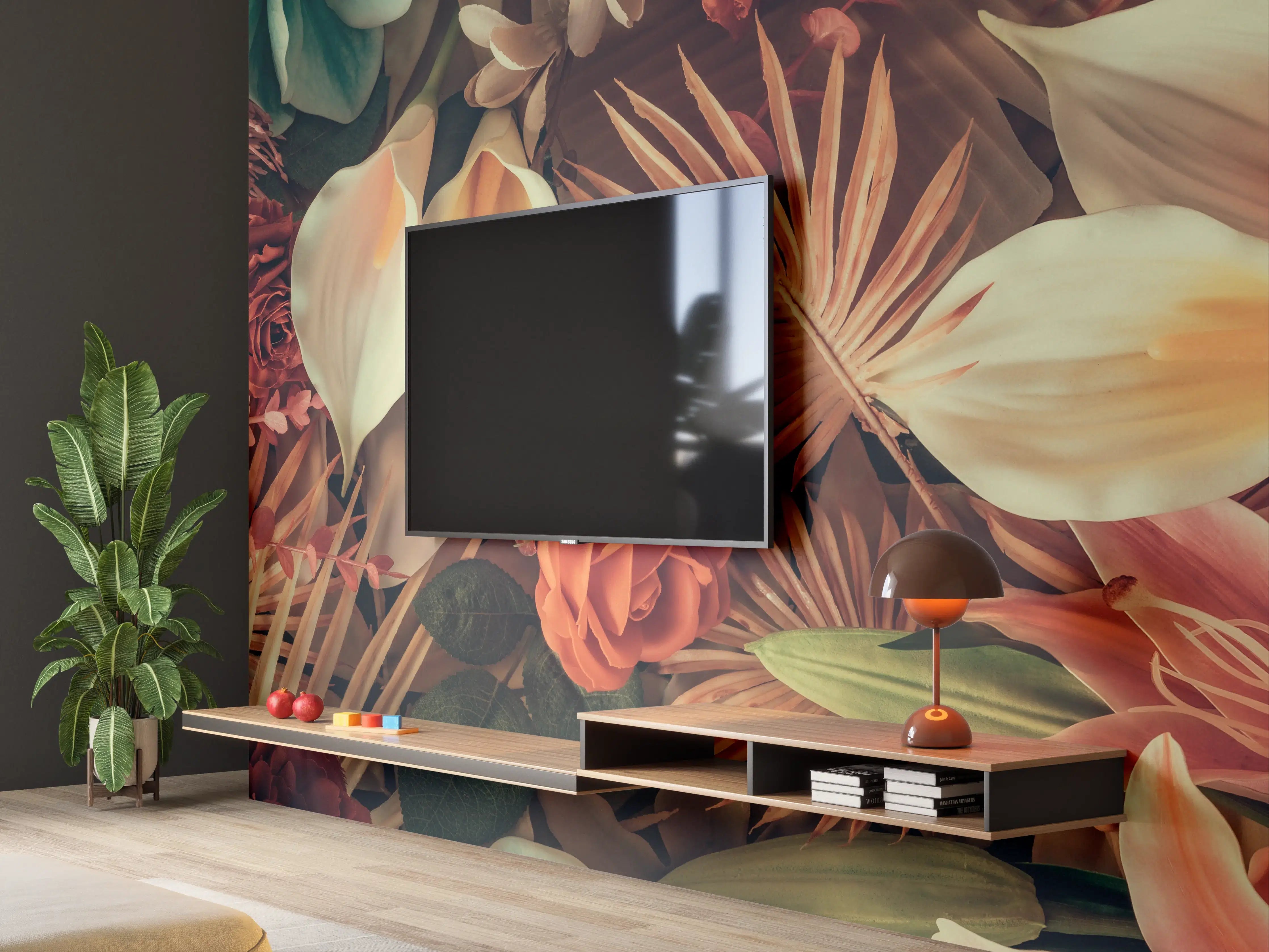 Wandverkleidung Wohnzimmer - Wunderschöne botanische Collage mit warmen Farbtönen