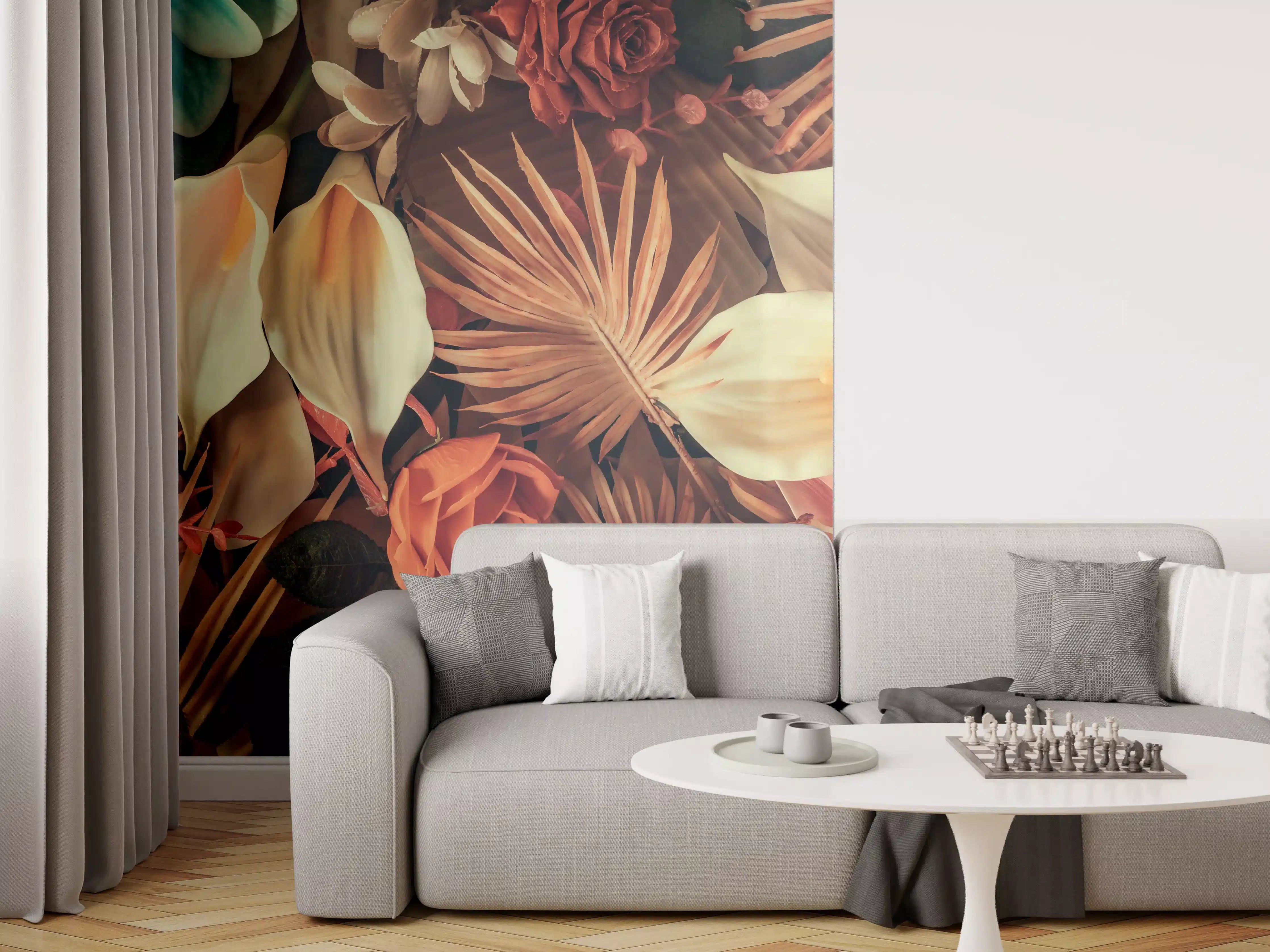 Wandverkleidung Wohnzimmer - Wunderschöne botanische Collage mit warmen Farbtönen