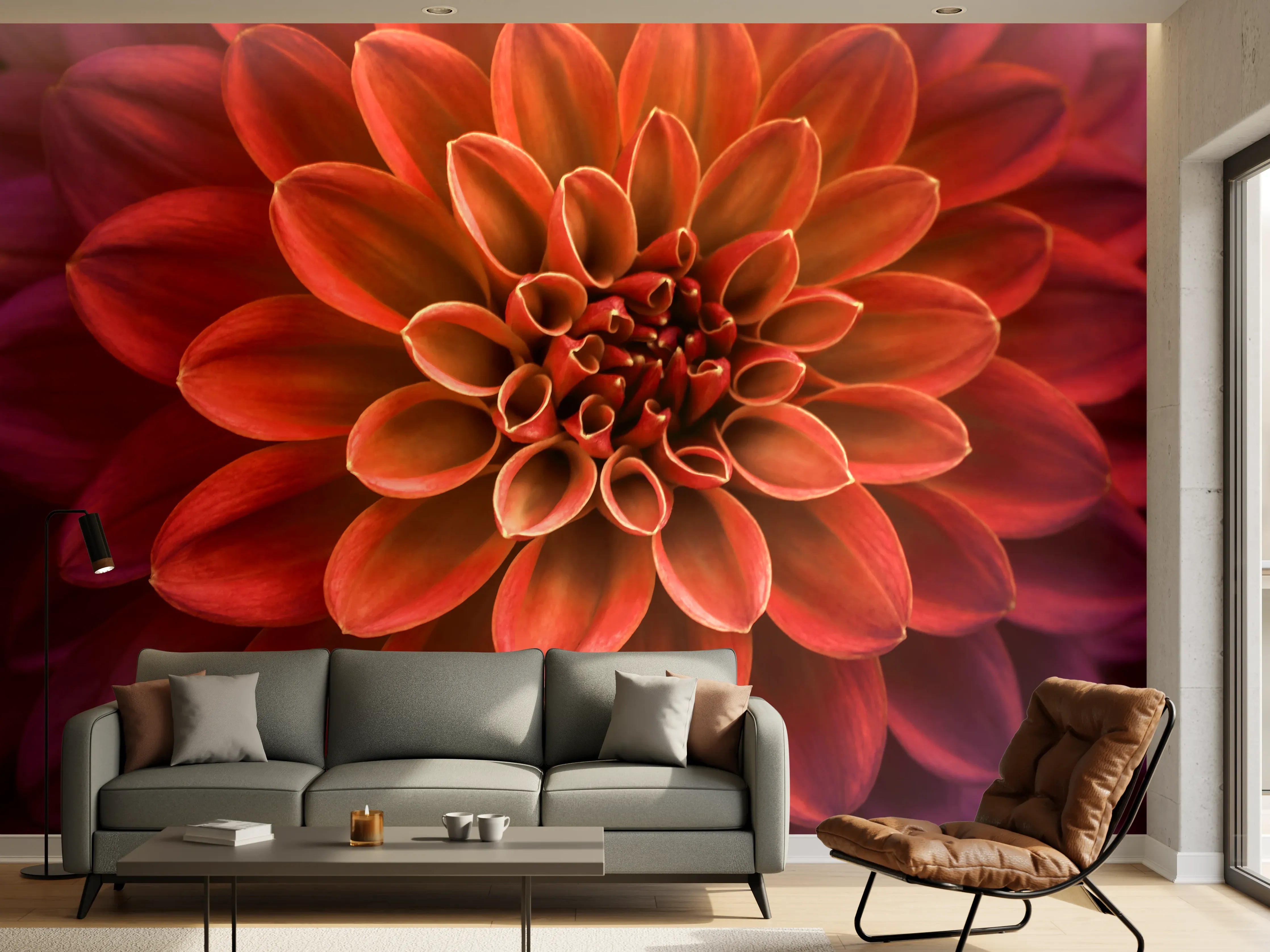 Wandverkleidung Wohnzimmer - Wunderschöne rote Dahlie in Nahaufnahme