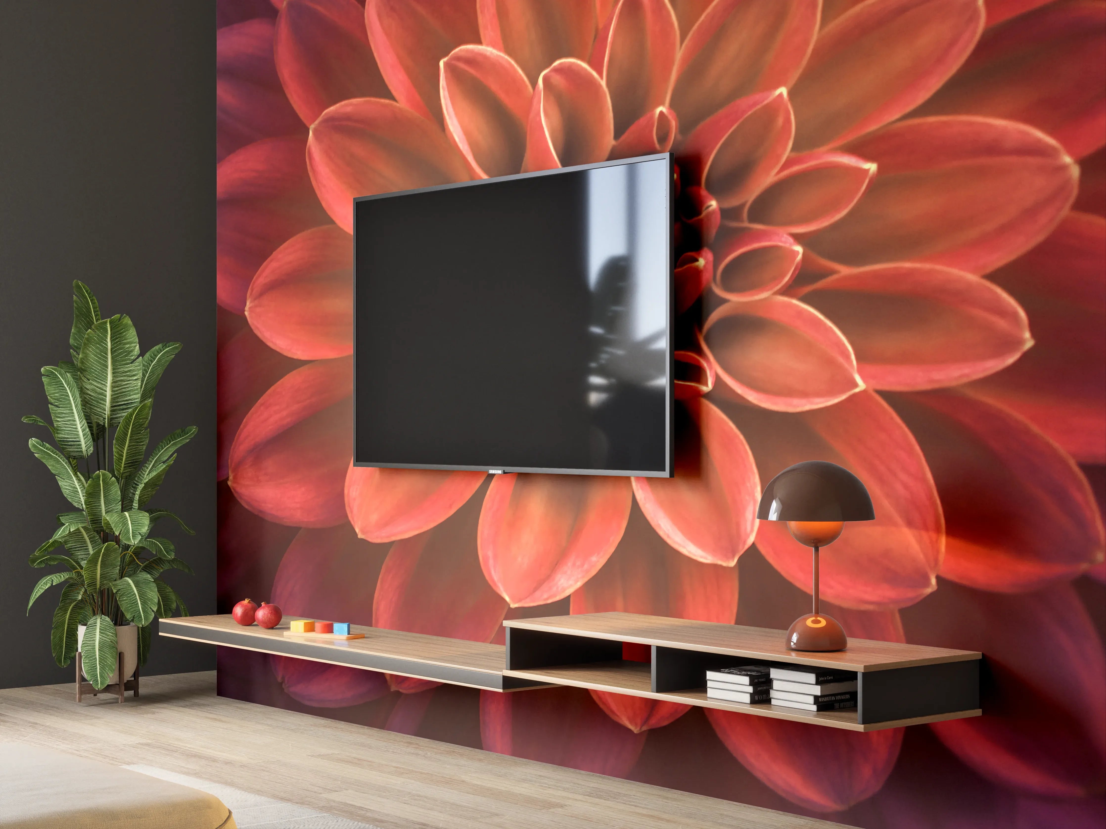 Wandverkleidung Wohnzimmer - Wunderschöne rote Dahlie in Nahaufnahme