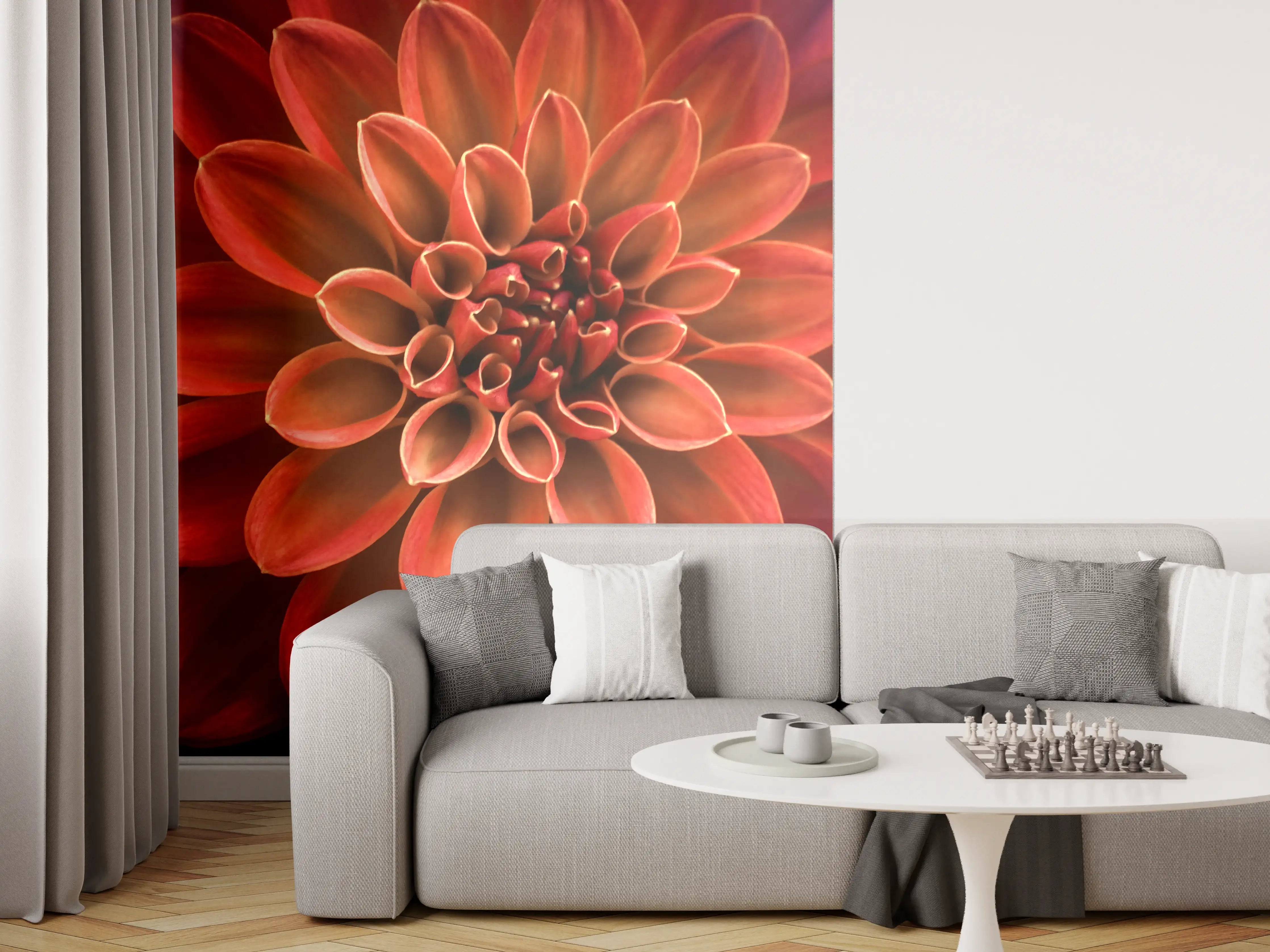 Wandverkleidung Wohnzimmer - Wunderschöne rote Dahlie in Nahaufnahme