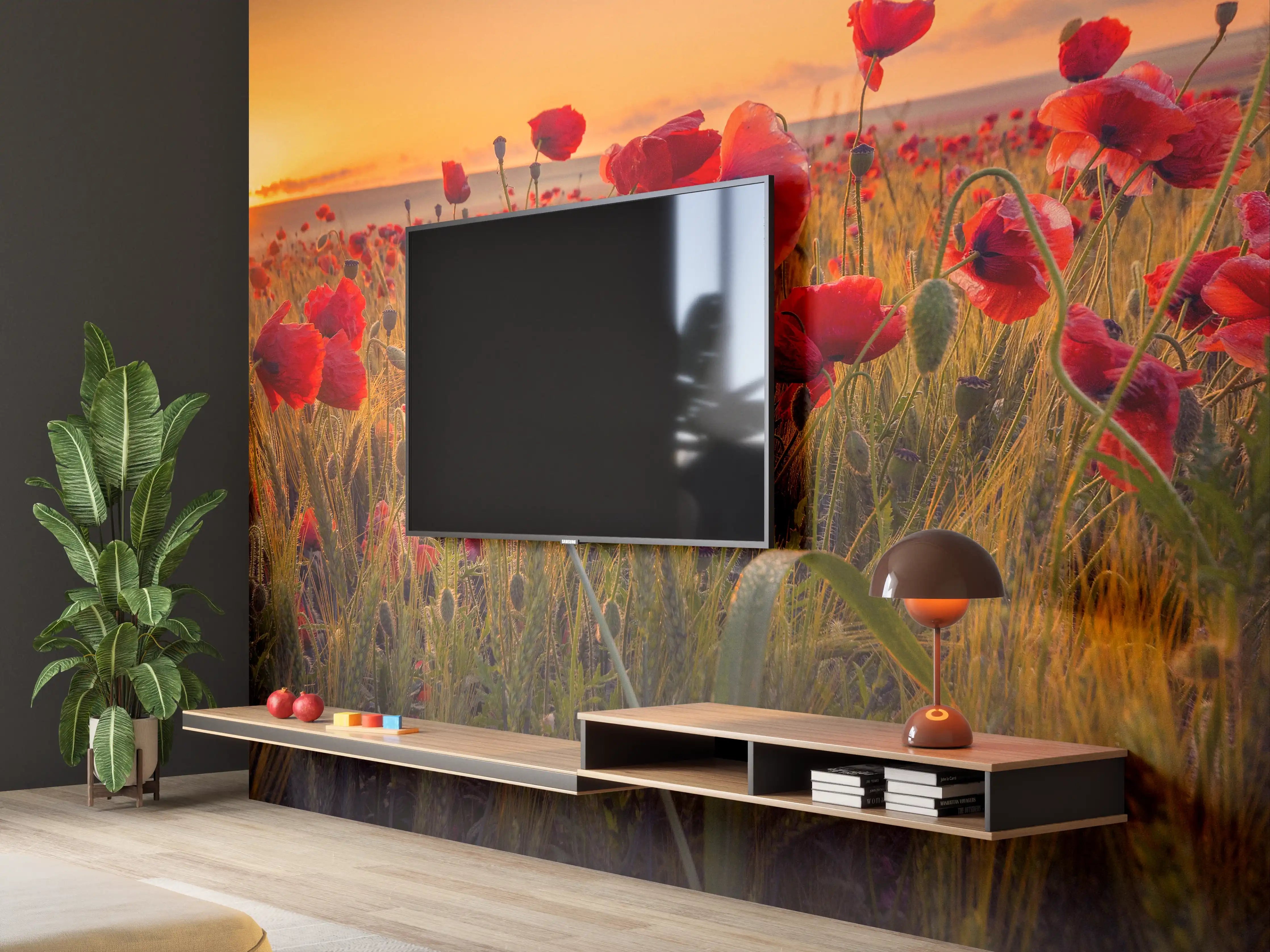 Wandverkleidung Wohnzimmer - Wunderschöner Mohnblumen-Sonnenuntergang