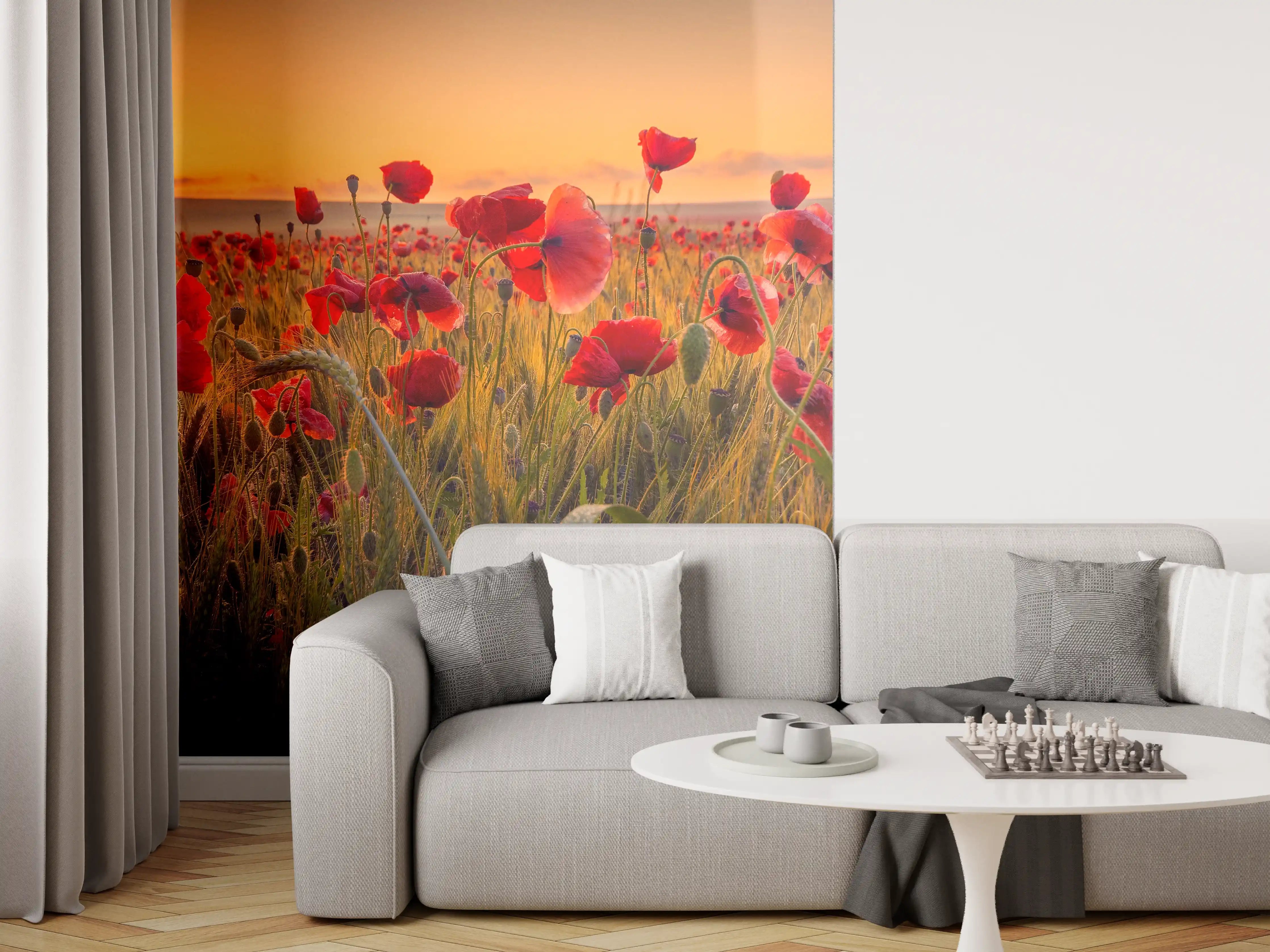 Wandverkleidung Wohnzimmer - Wunderschöner Mohnblumen-Sonnenuntergang