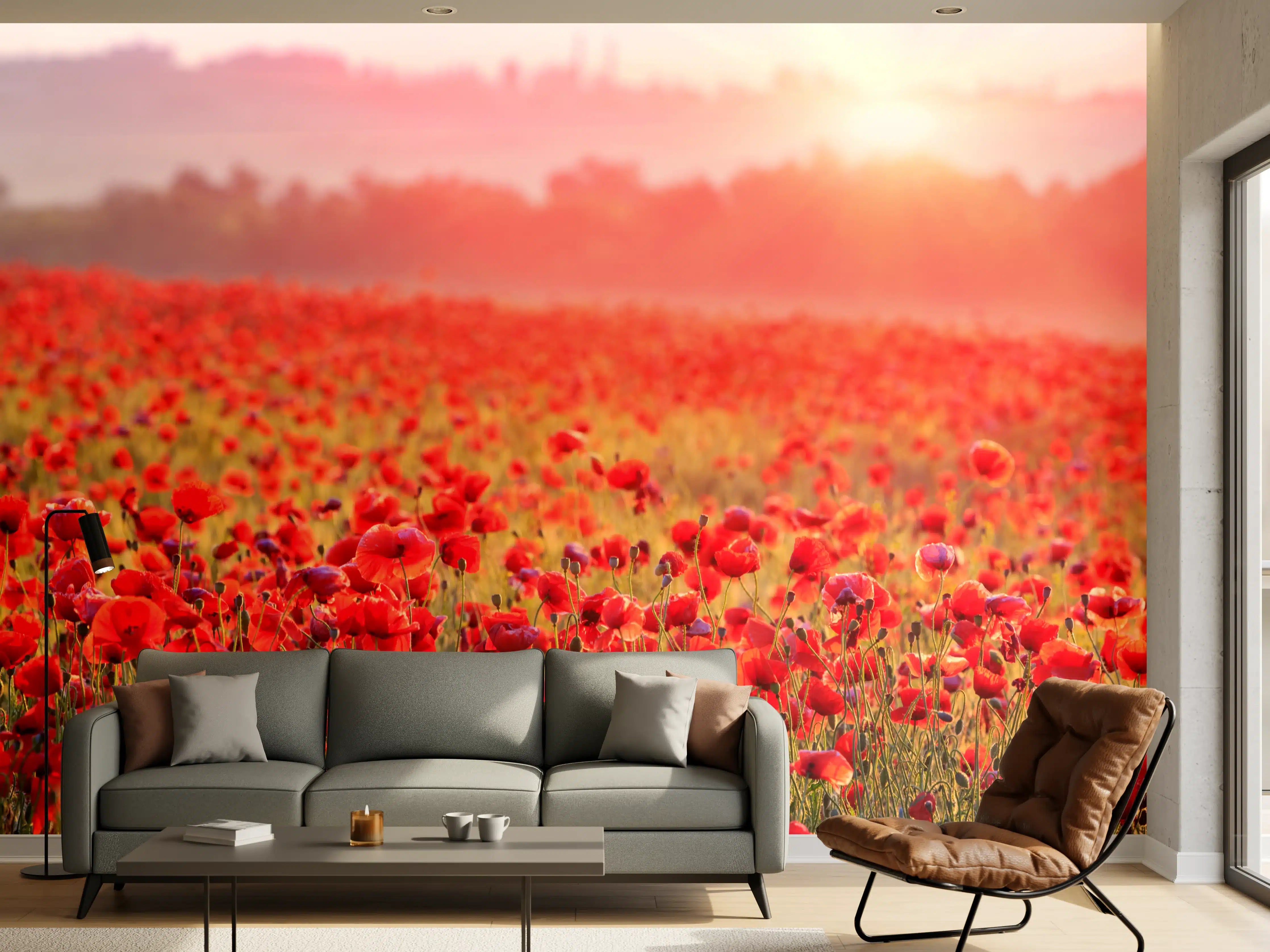 Wandverkleidung Wohnzimmer - Wunderschöner Mohnblumenfeld bei Sonnenaufgang