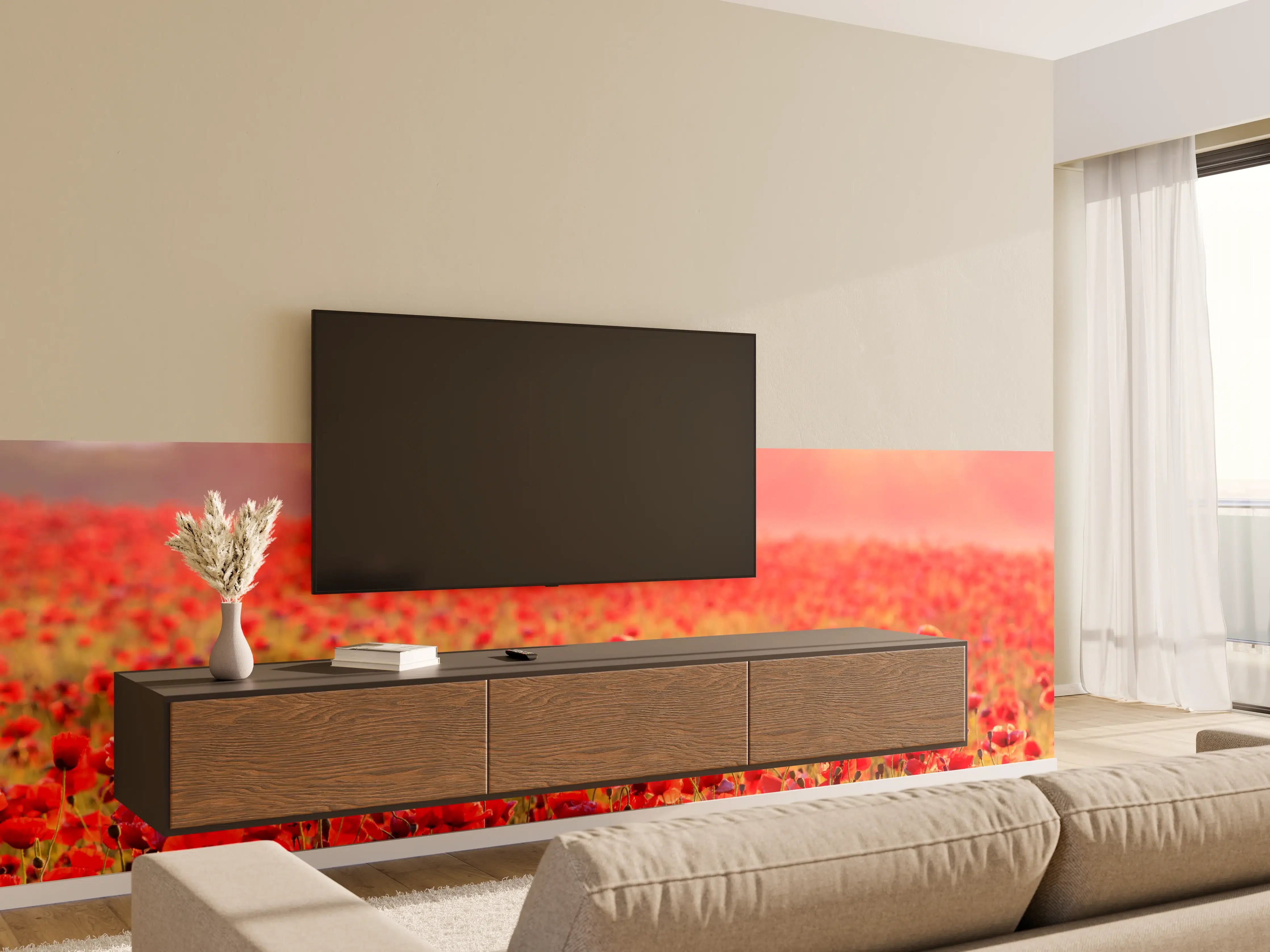 Wandverkleidung Wohnzimmer - Wunderschöner Mohnblumenfeld bei Sonnenaufgang