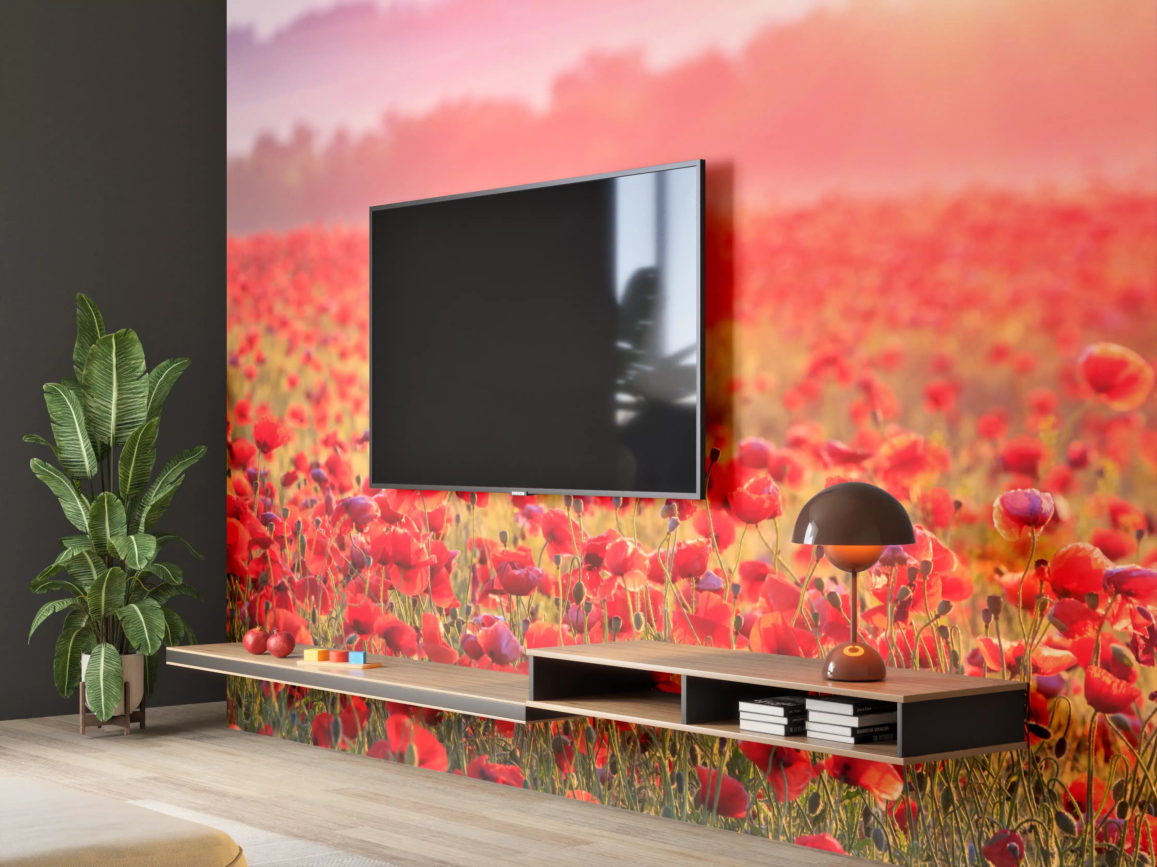Wandverkleidung Wohnzimmer - Wunderschöner Mohnblumenfeld bei Sonnenaufgang