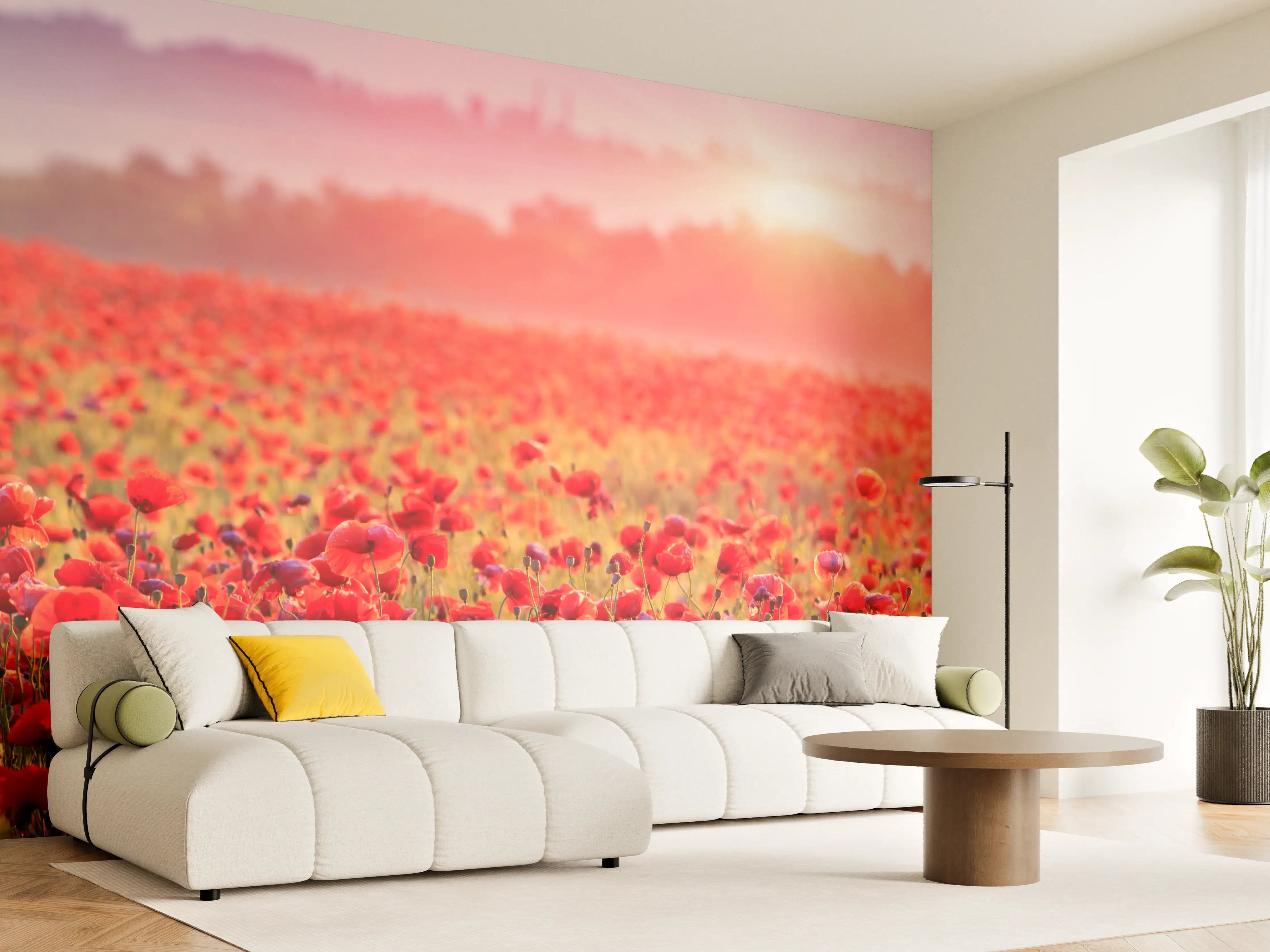 Wandverkleidung Wohnzimmer - Wunderschöner Mohnblumenfeld bei Sonnenaufgang