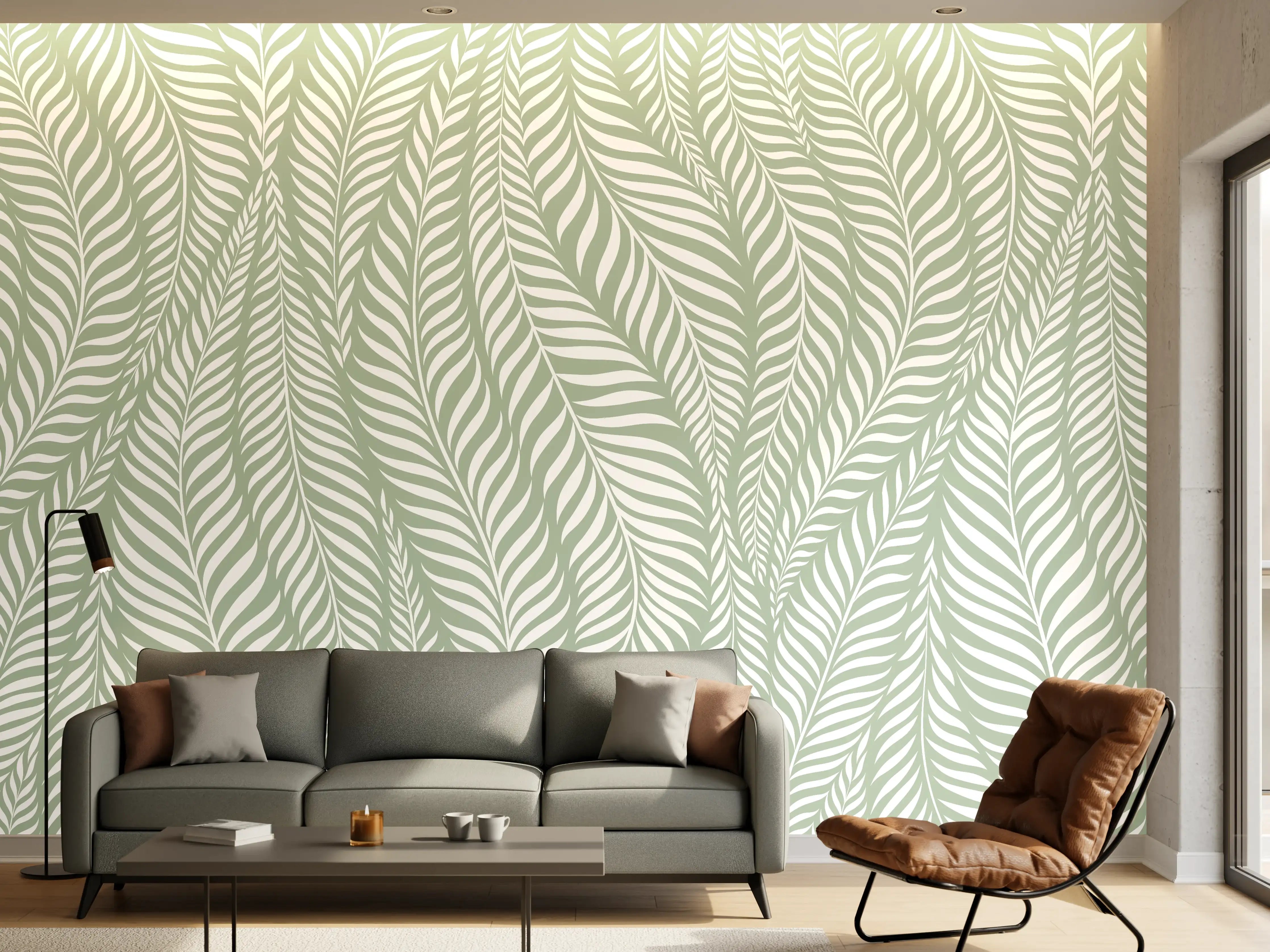 Wandverkleidung Wohnzimmer - Zarte Blättermuster in Hellgrün