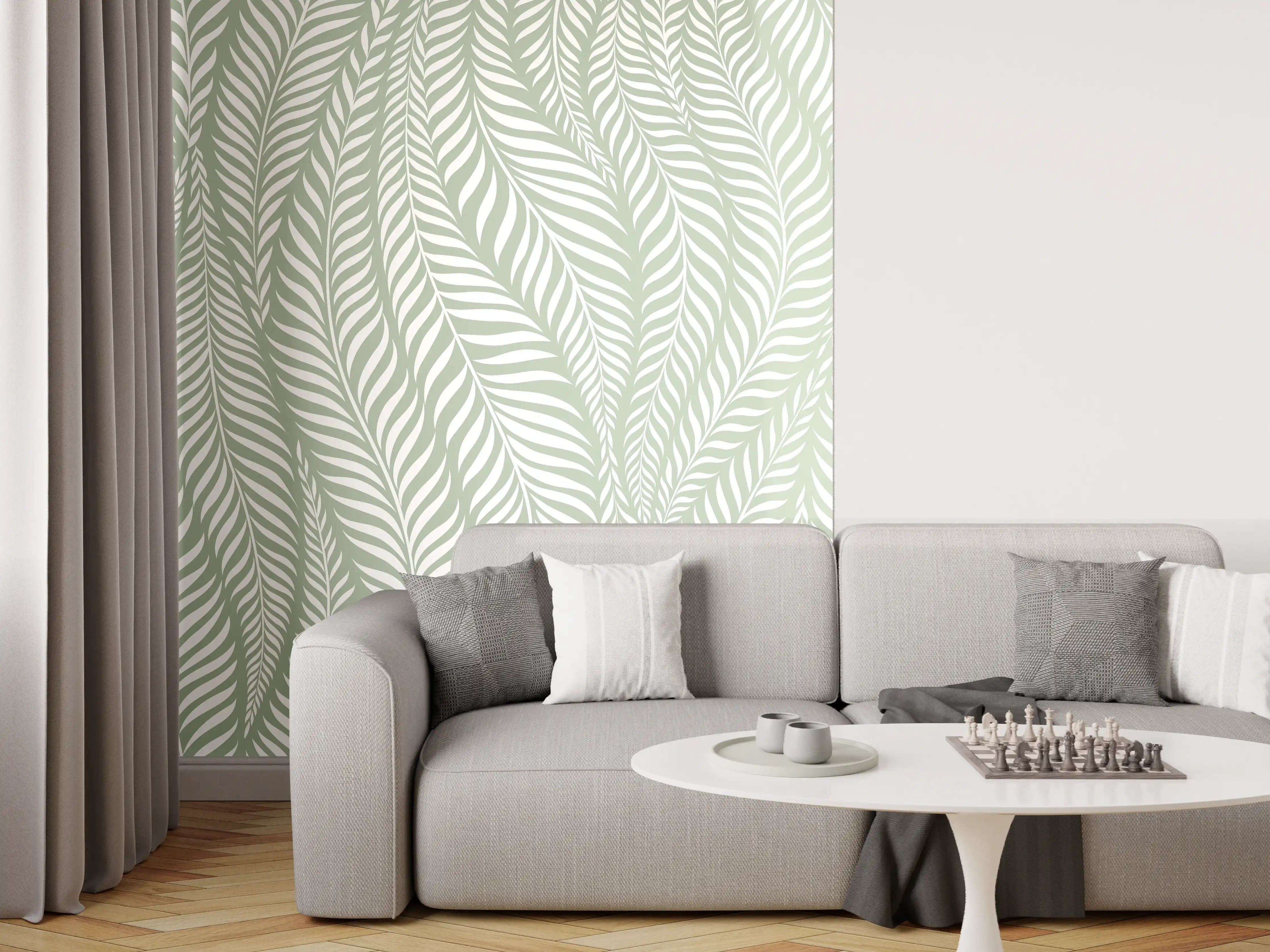 Wandverkleidung Wohnzimmer - Zarte Blättermuster in Hellgrün
