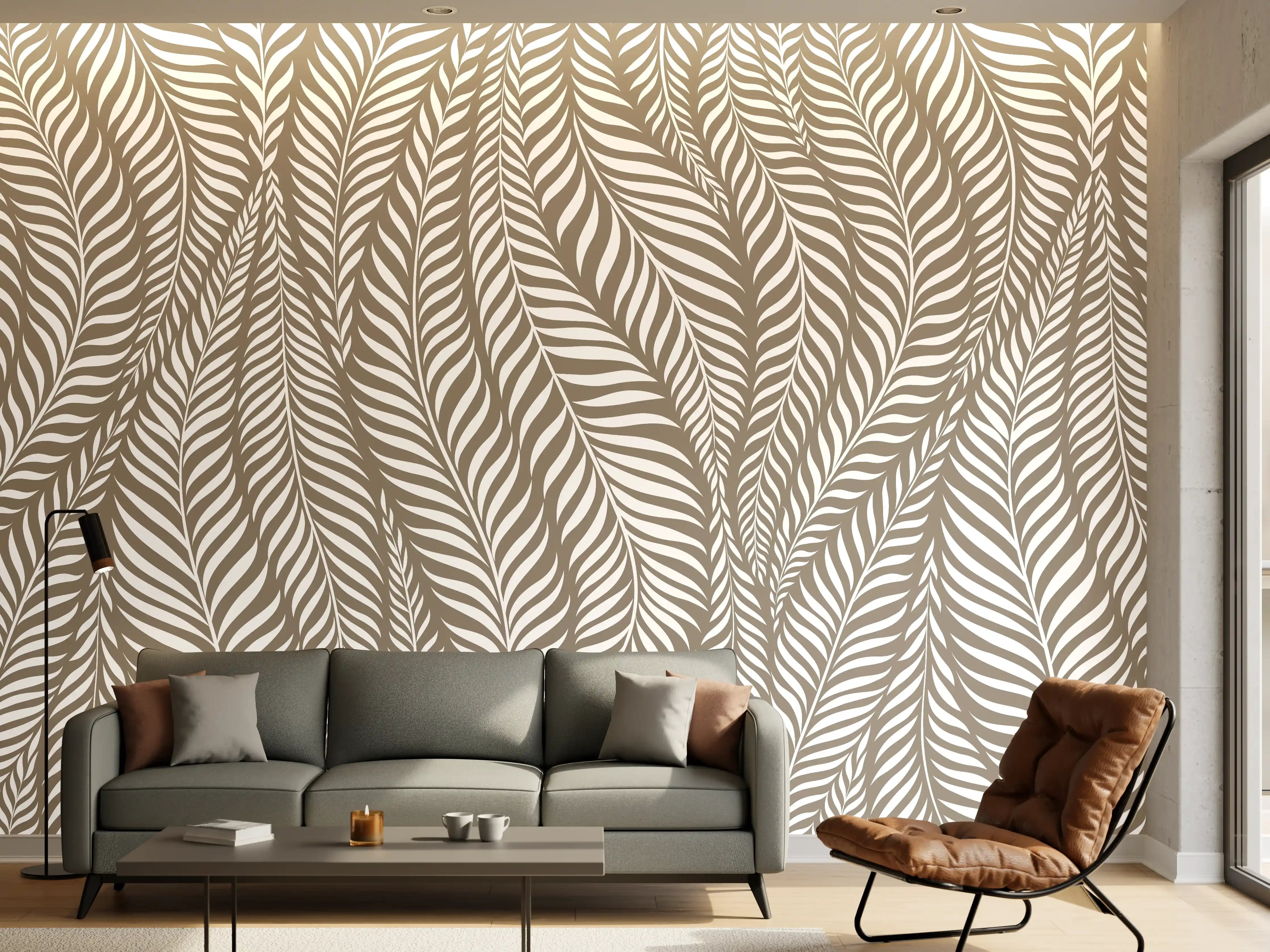 Wandverkleidung Wohnzimmer - Zarte Blattmuster in Beige und Grau