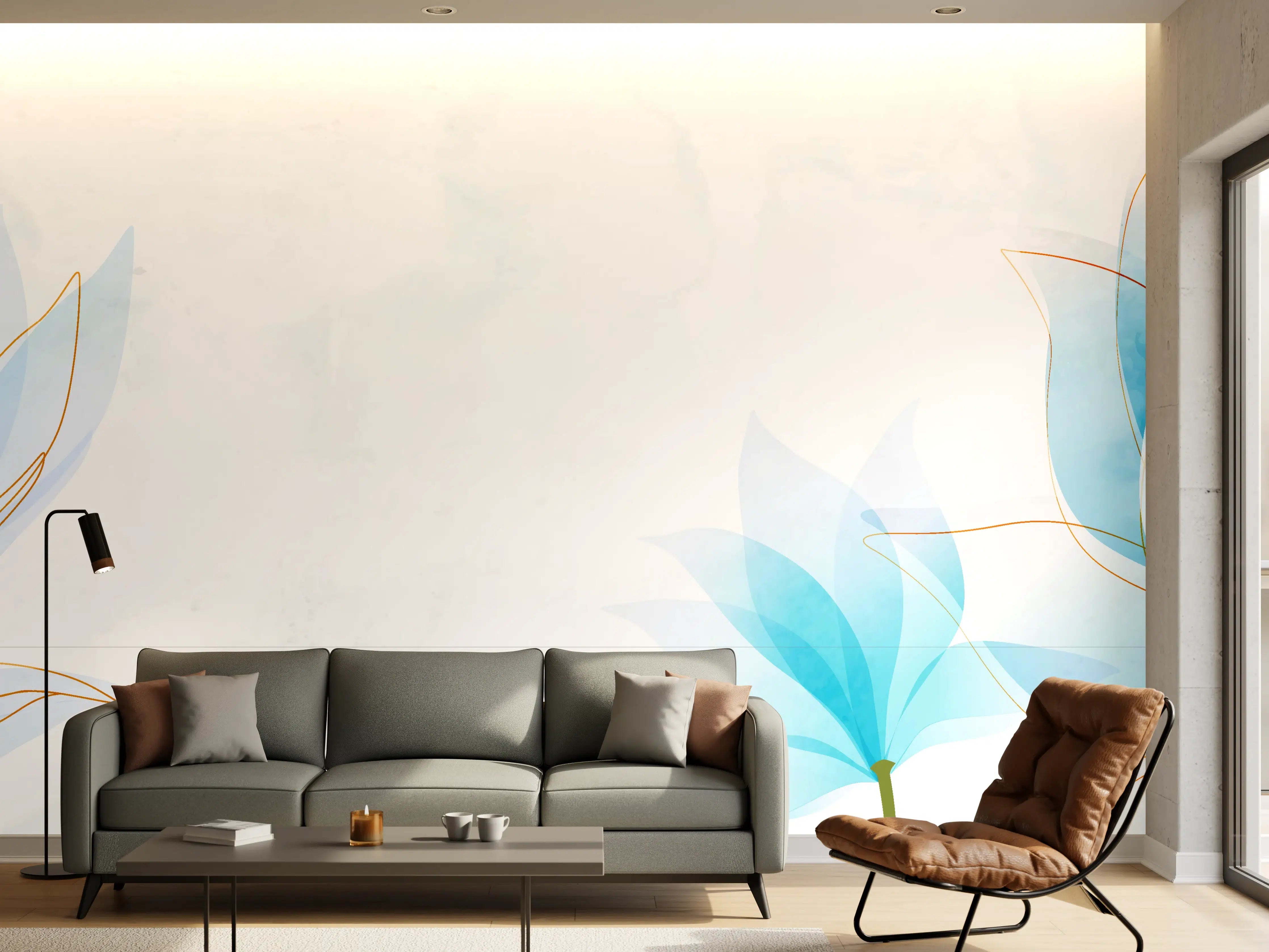 Wandverkleidung Wohnzimmer - Zarte Blaue Blumen Illustration