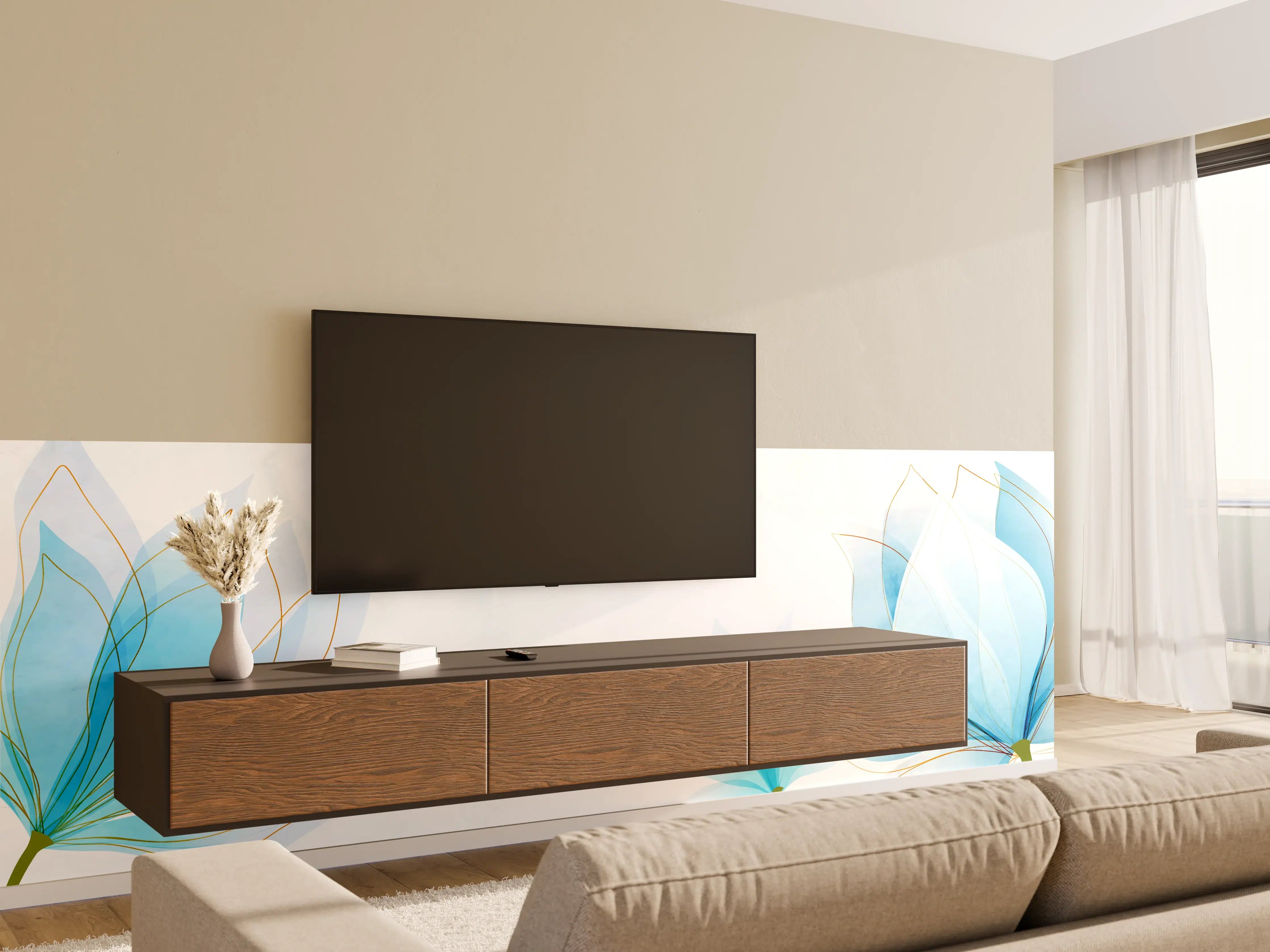 Wandverkleidung Wohnzimmer - Zarte Blaue Blumen Illustration