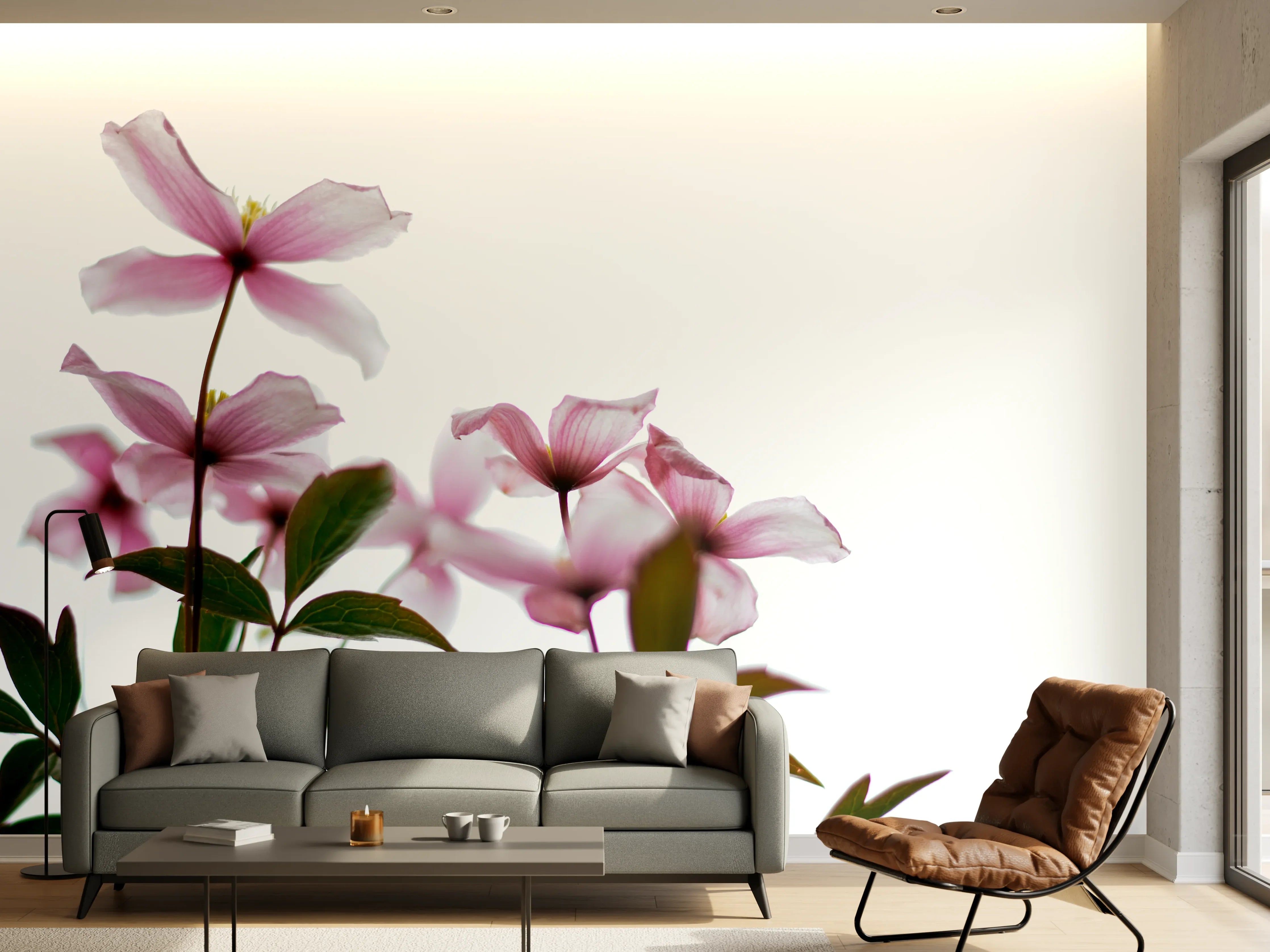 Wandverkleidung Wohnzimmer - Zarte Blüten auf hellem Hintergrund