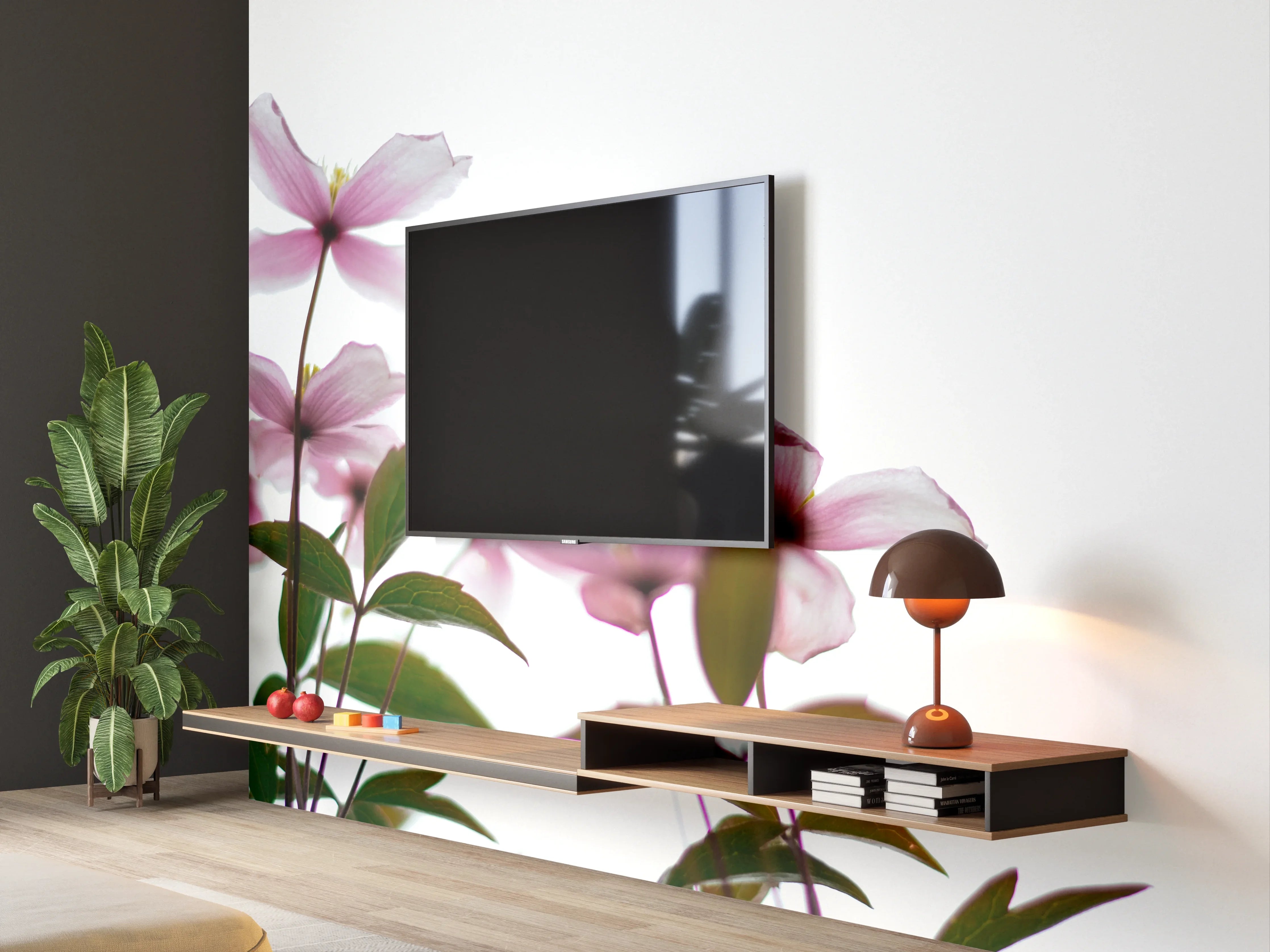 Wandverkleidung Wohnzimmer - Zarte Blüten auf hellem Hintergrund
