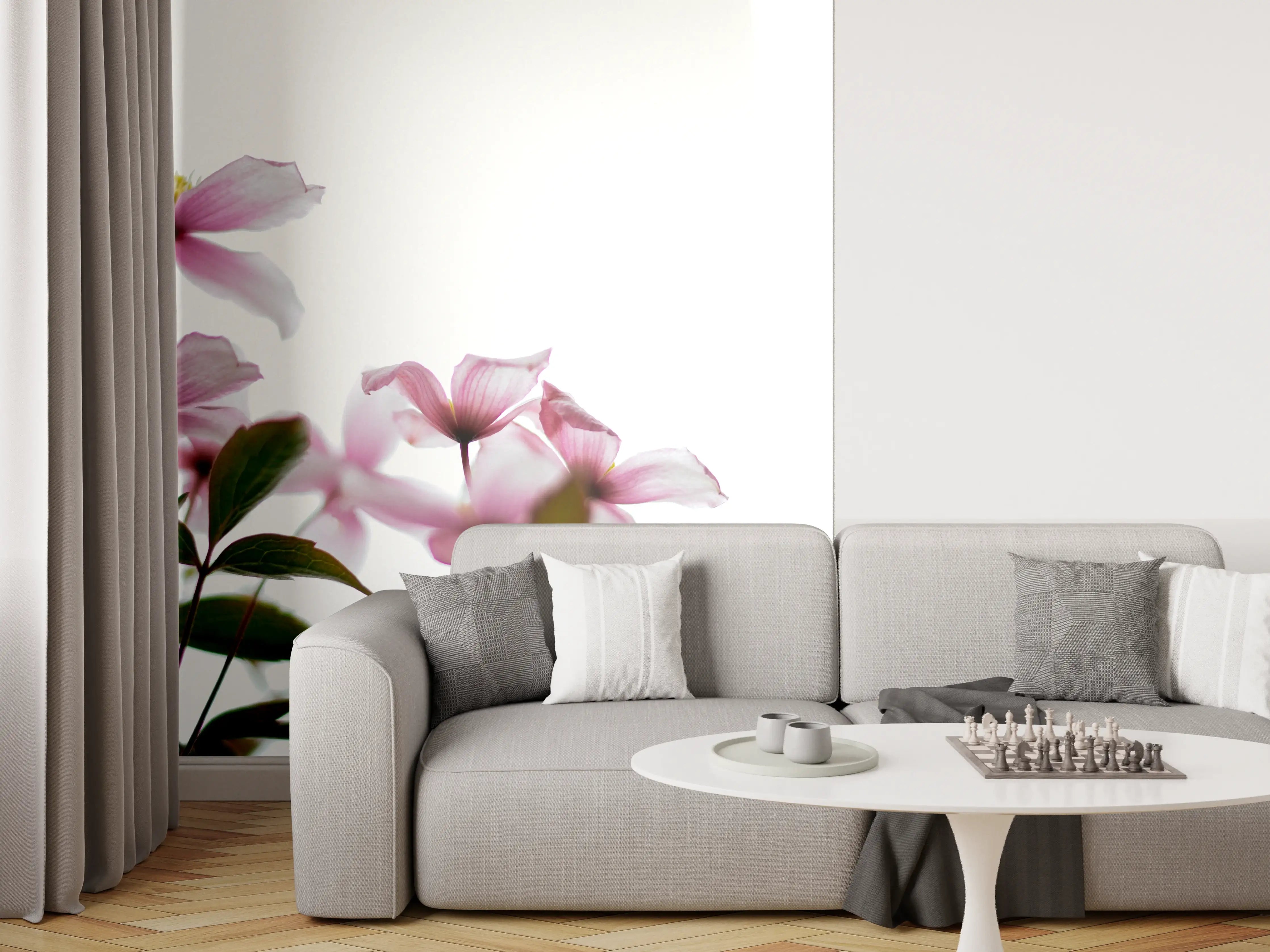 Wandverkleidung Wohnzimmer - Zarte Blüten auf hellem Hintergrund
