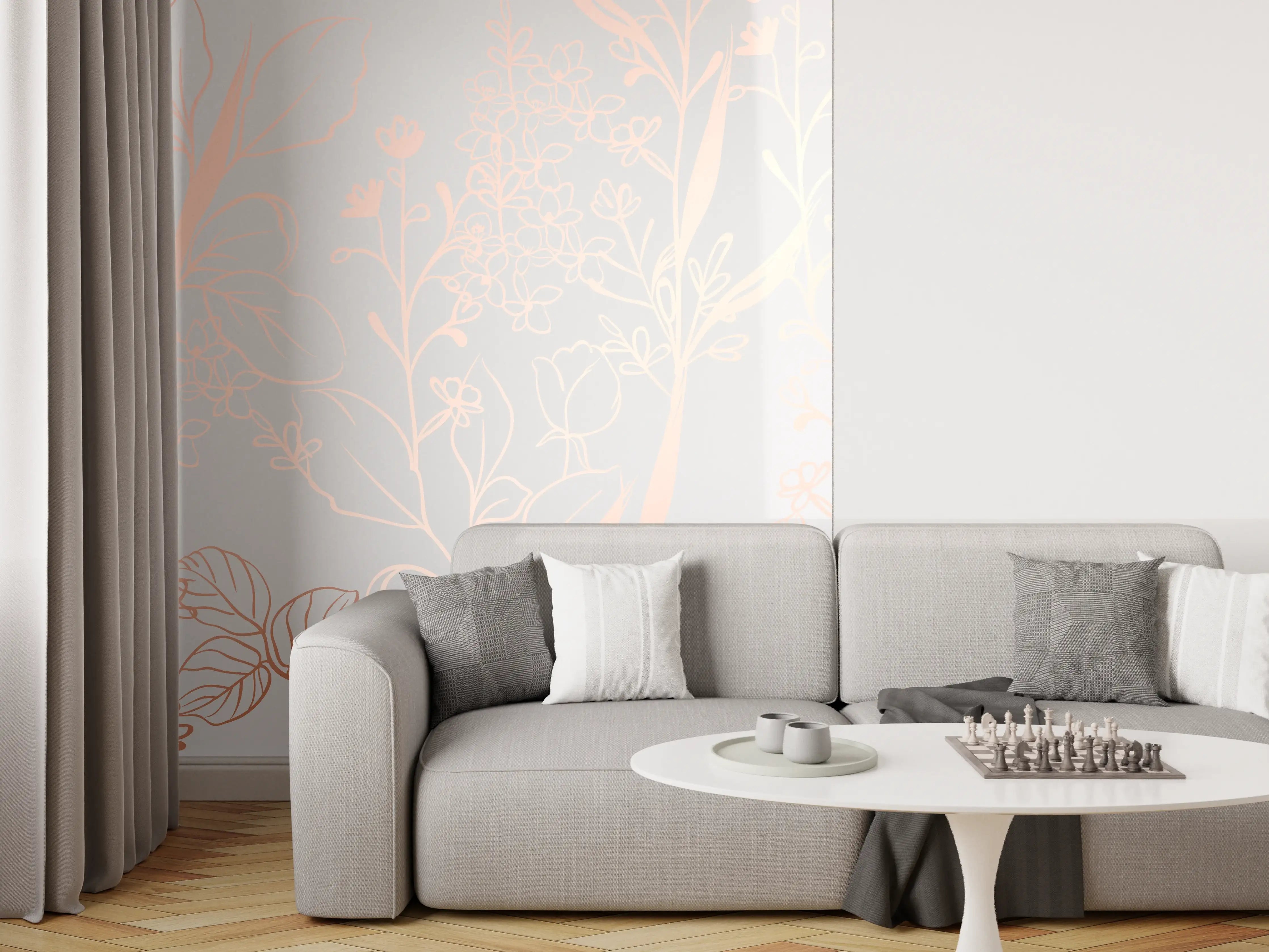 Wandverkleidung Wohnzimmer - Zarte Blütenillustration Beige-Rosa