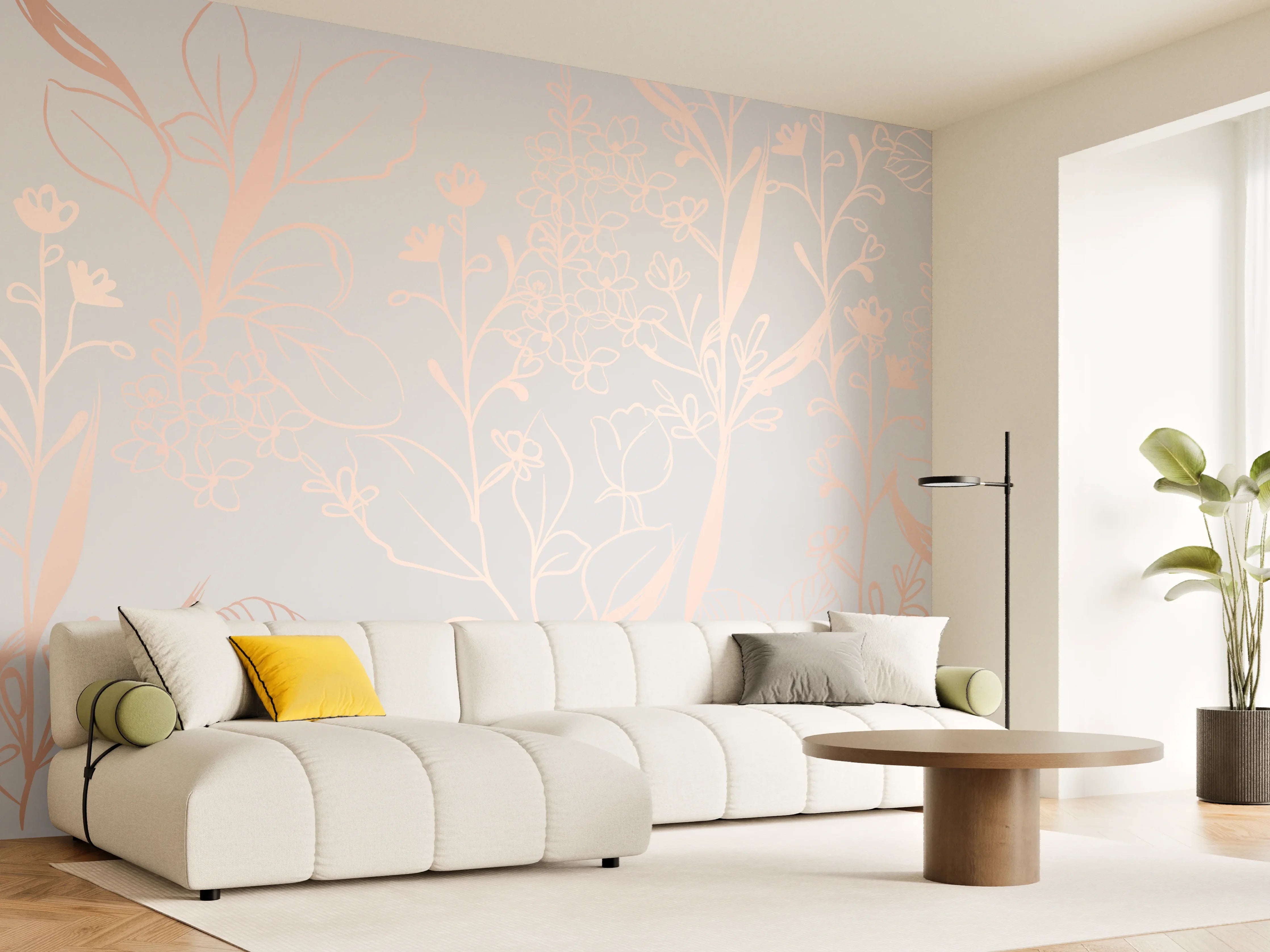 Wandverkleidung Wohnzimmer - Zarte Blütenillustration Beige-Rosa