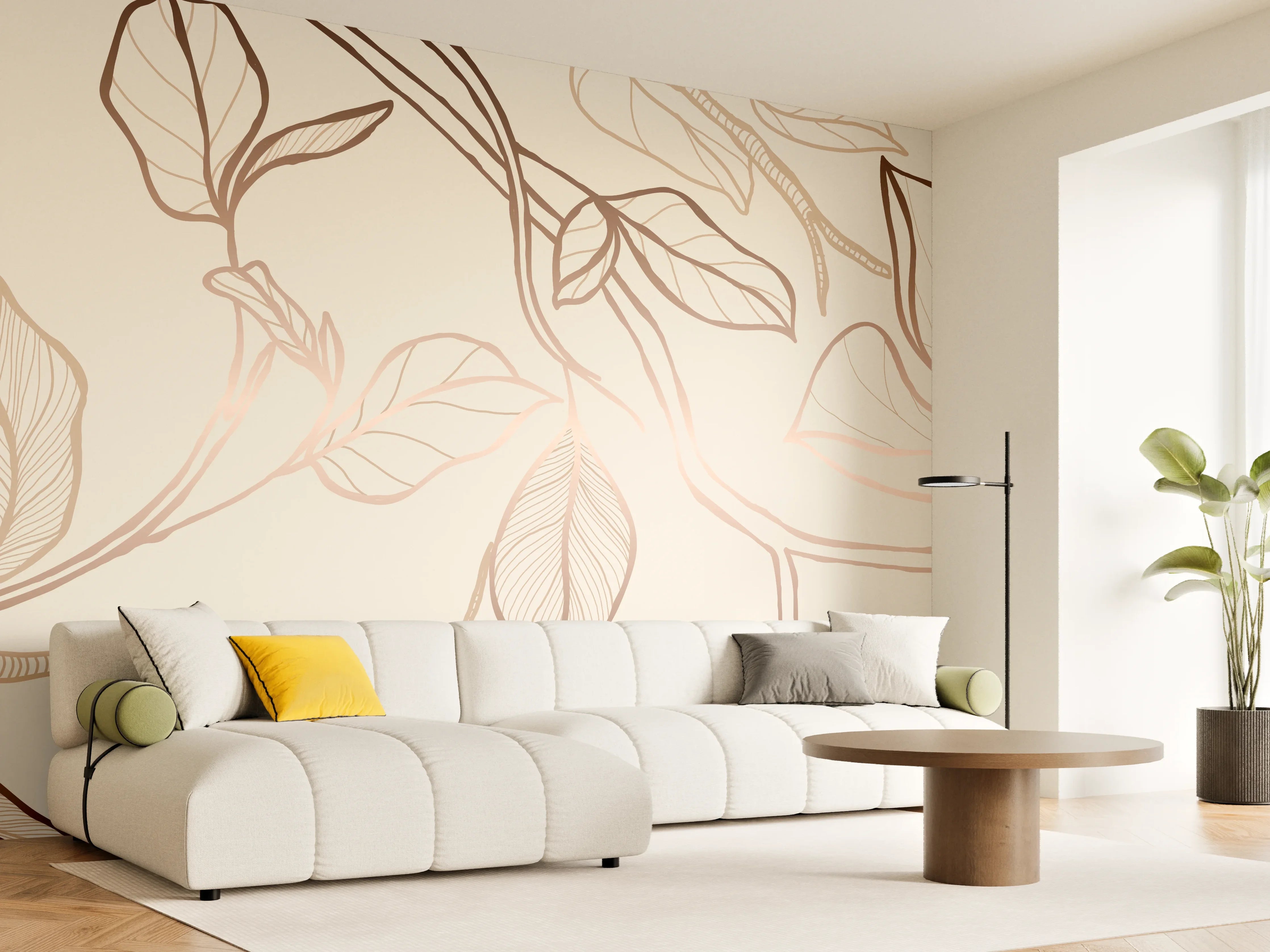 Wandverkleidung Wohnzimmer - Zarte Blumenzeichnung Beige