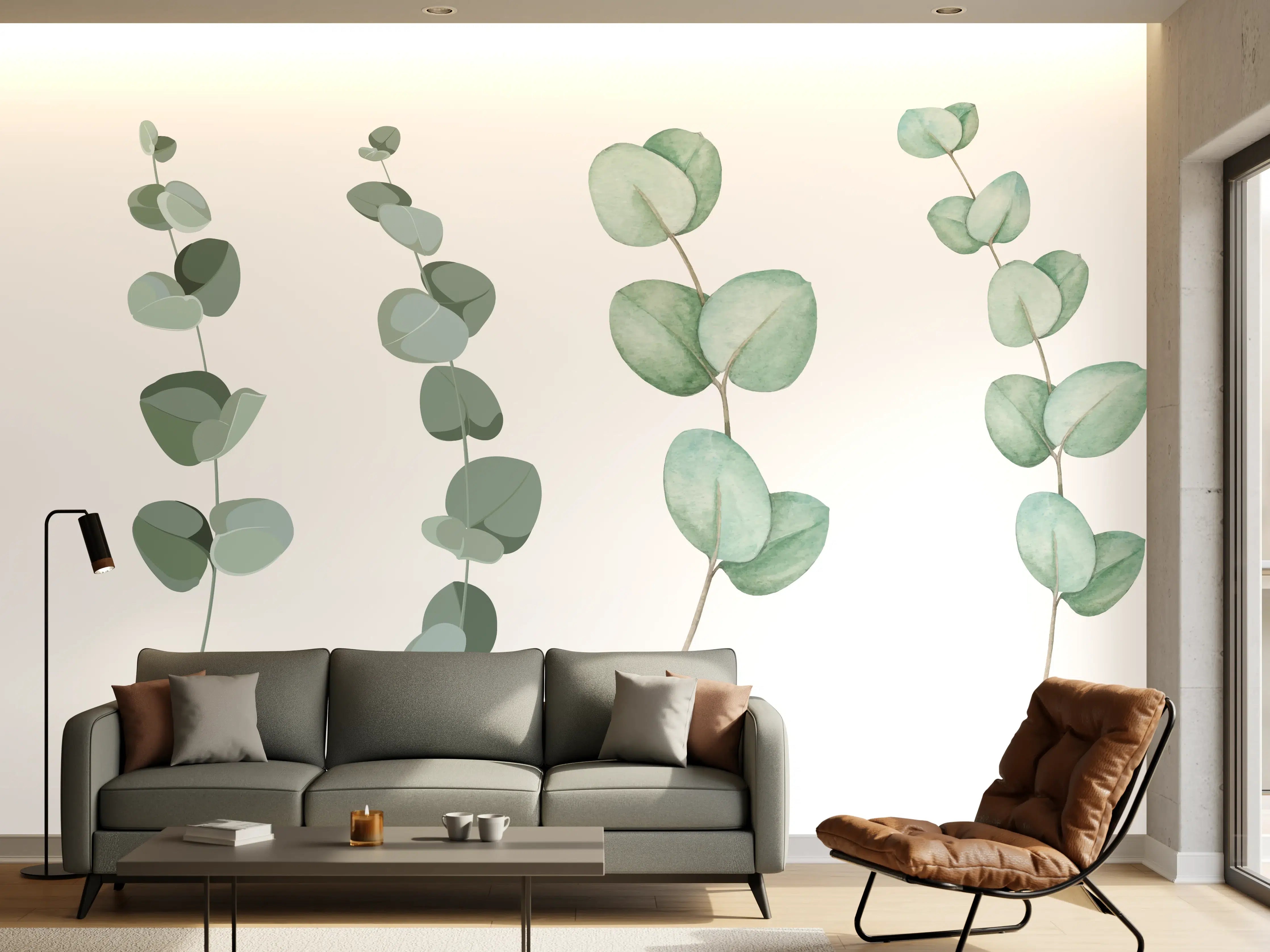 Wandverkleidung Wohnzimmer - Zarte Eukalyptus Aquarell-Motive