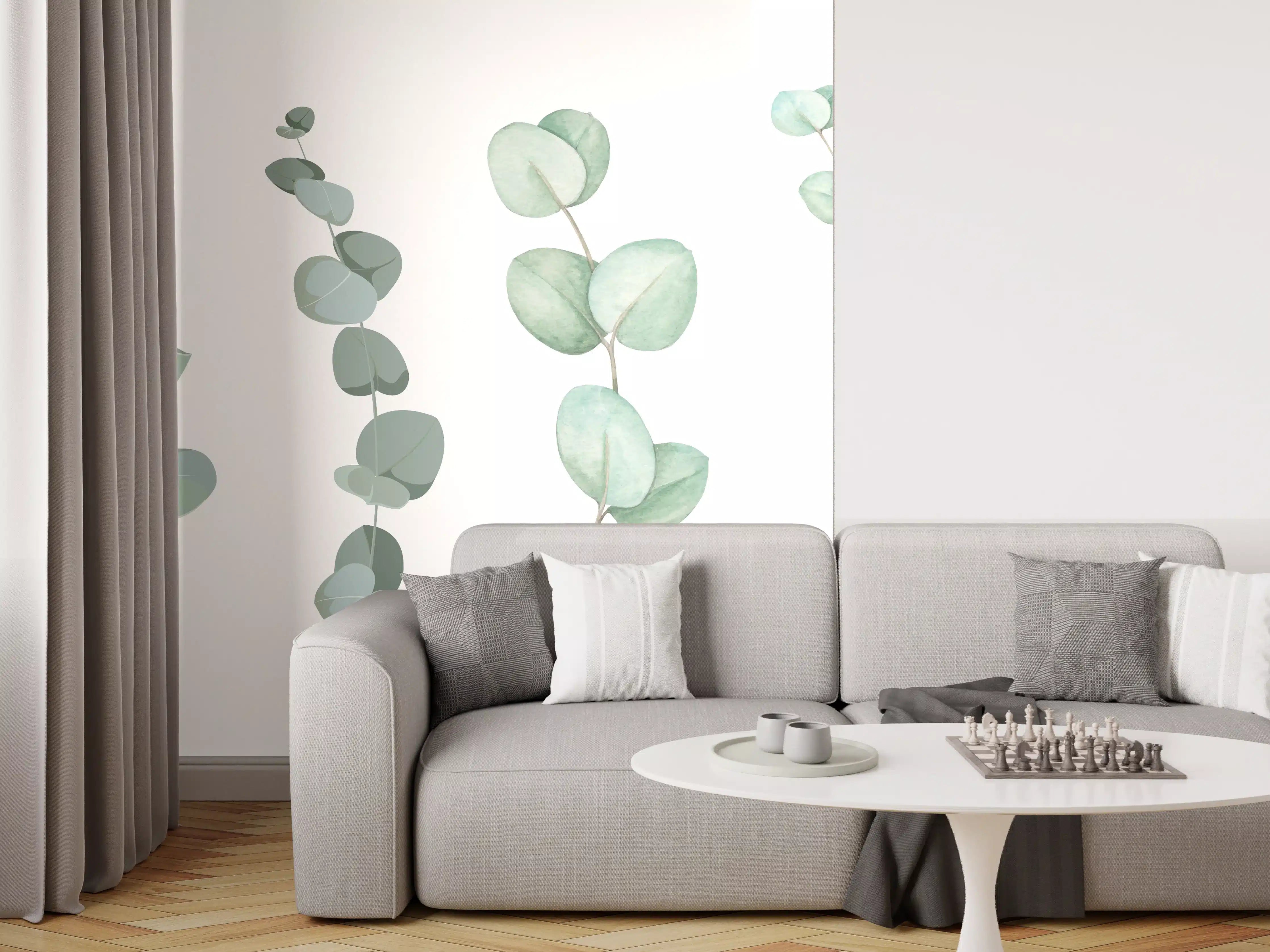 Wandverkleidung Wohnzimmer - Zarte Eukalyptus Aquarell-Motive