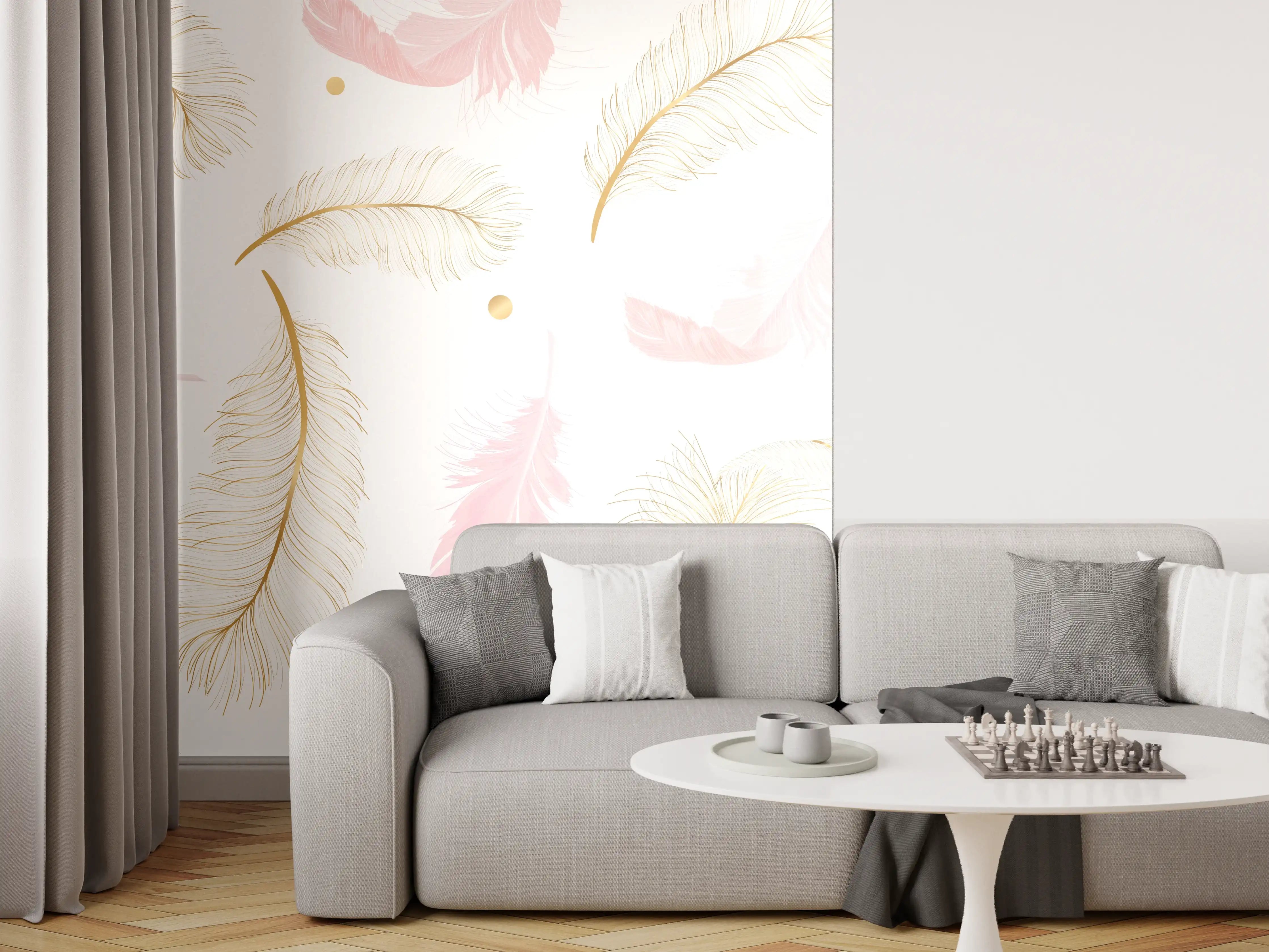 Wandverkleidung Wohnzimmer - Zarte Federn Goldpunkt Muster