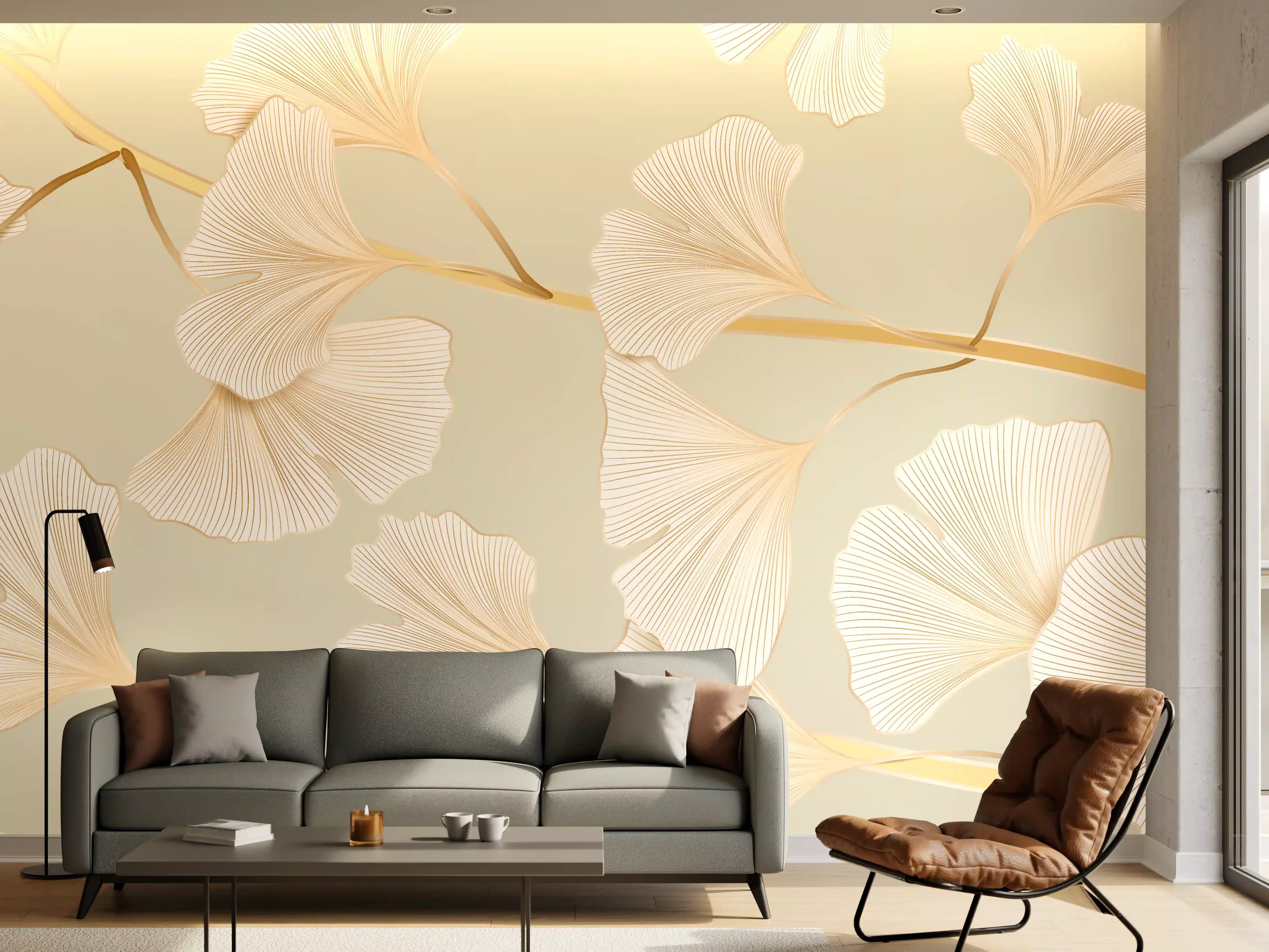 Wandverkleidung Wohnzimmer - Zarte Ginkgo-Blatt-Muster