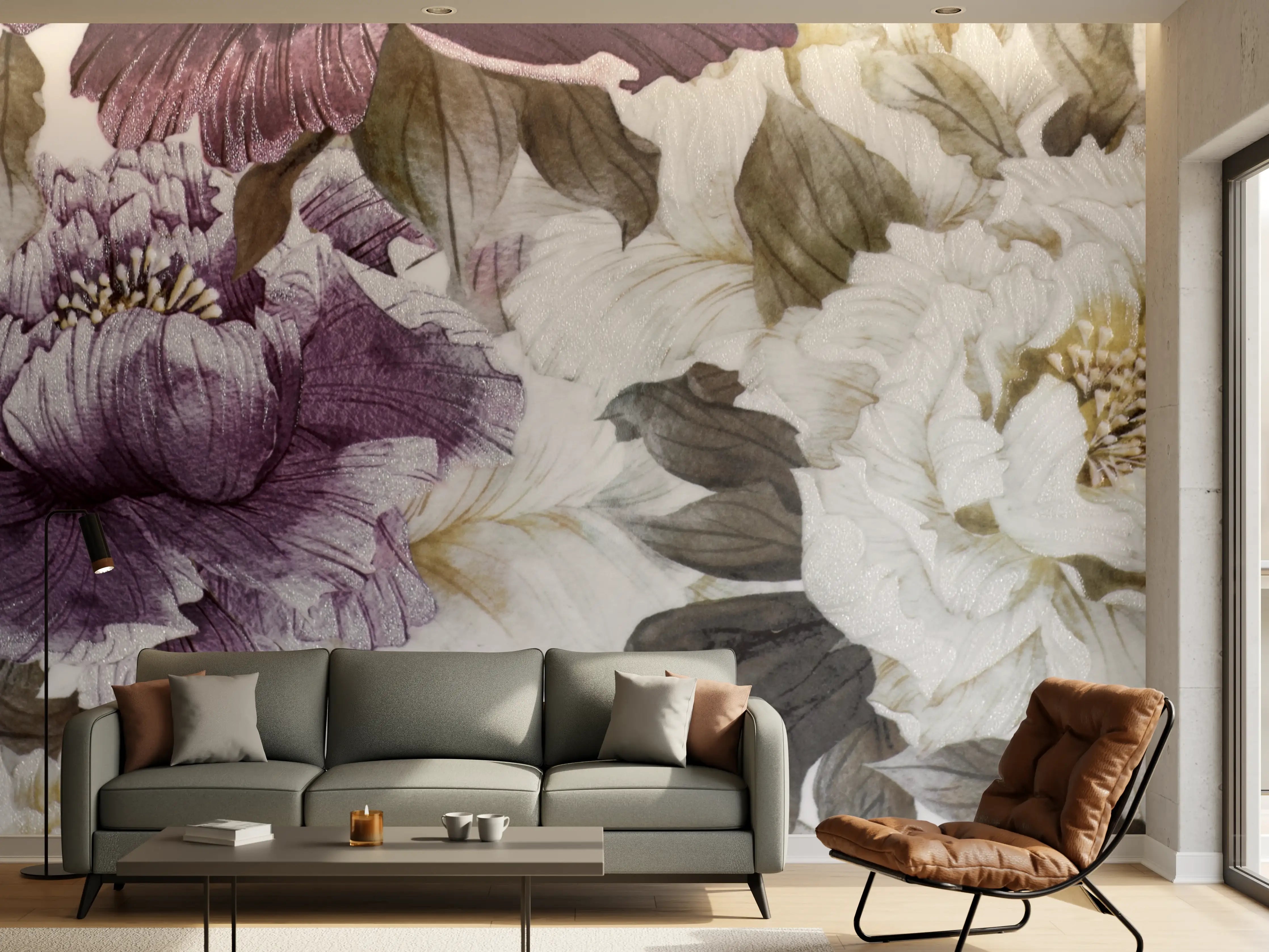 Wandverkleidung Wohnzimmer - Zarte Grautöne in Blumenmustern