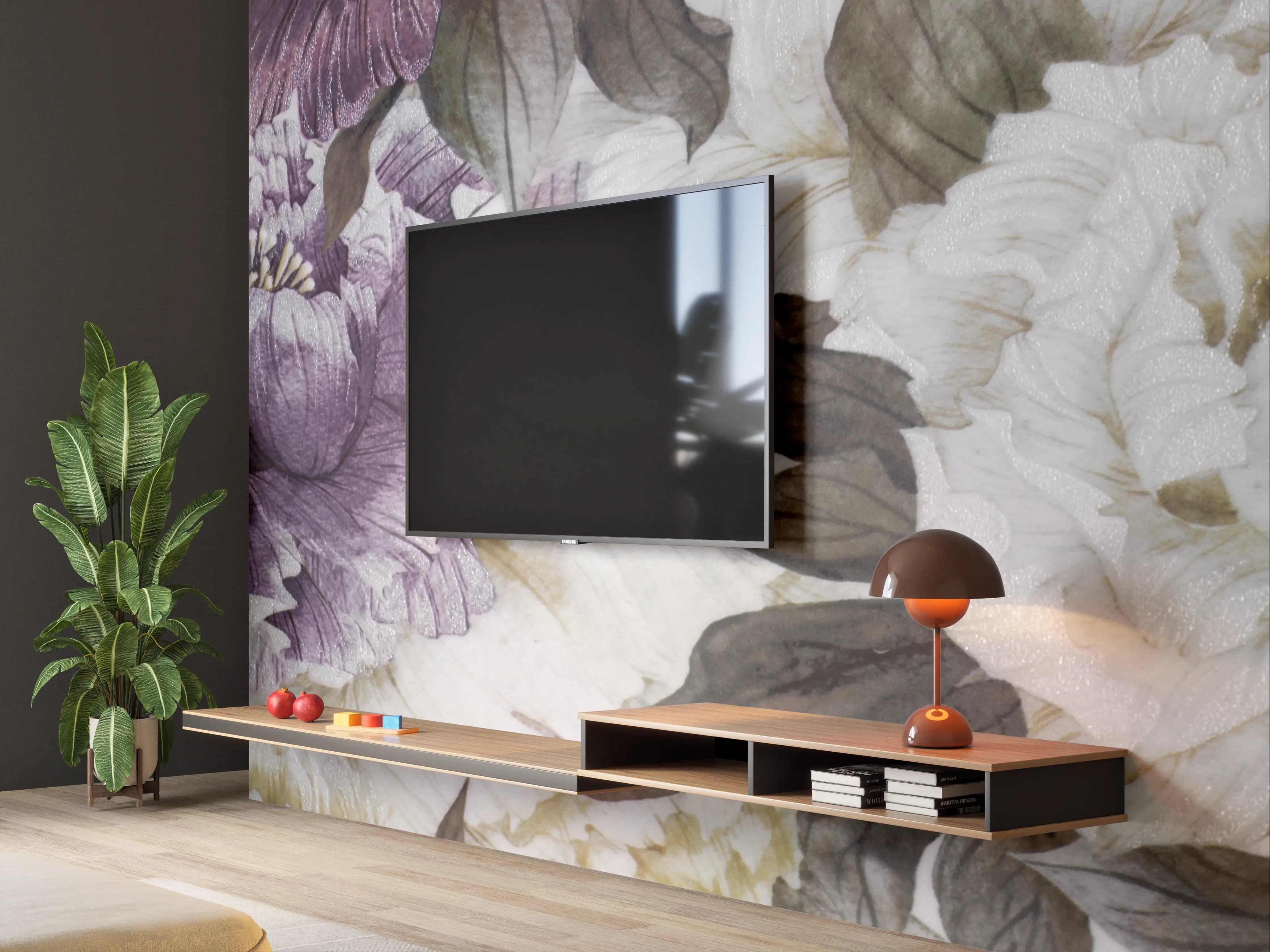 Wandverkleidung Wohnzimmer - Zarte Grautöne in Blumenmustern