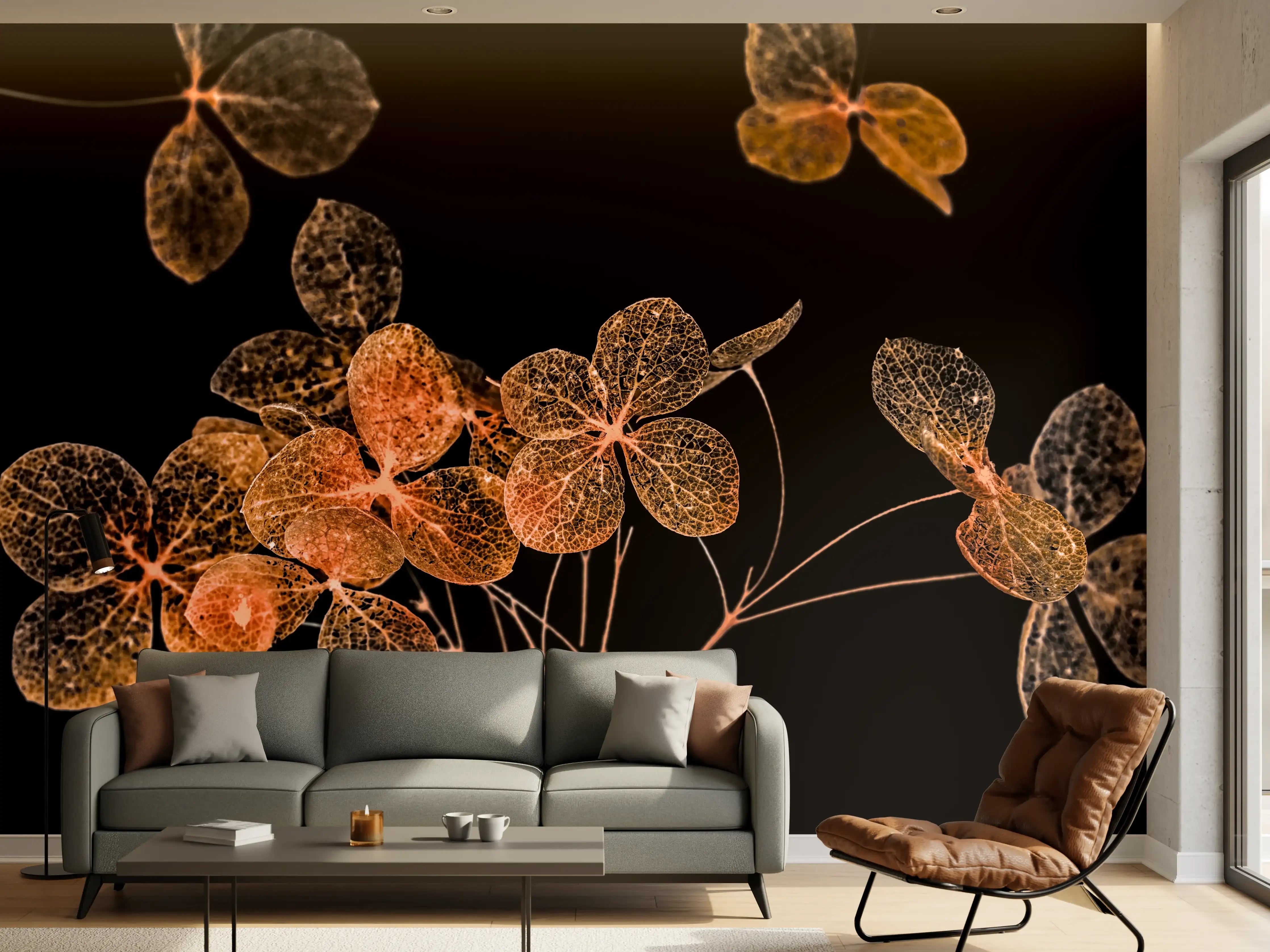 Wandverkleidung Wohnzimmer - Zarte Herbstblätter in Gold und Braun
