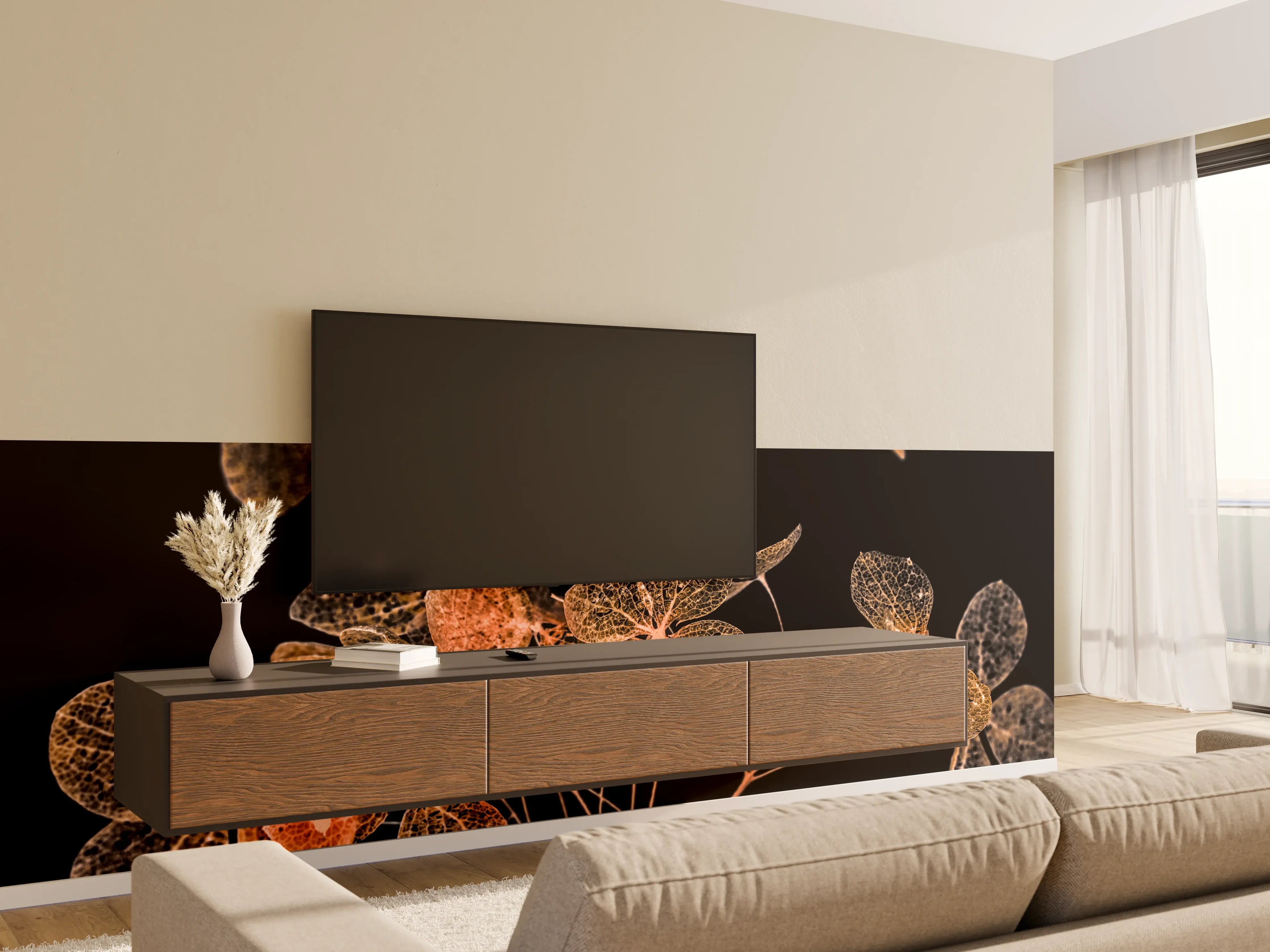 Wandverkleidung Wohnzimmer - Zarte Herbstblätter in Gold und Braun