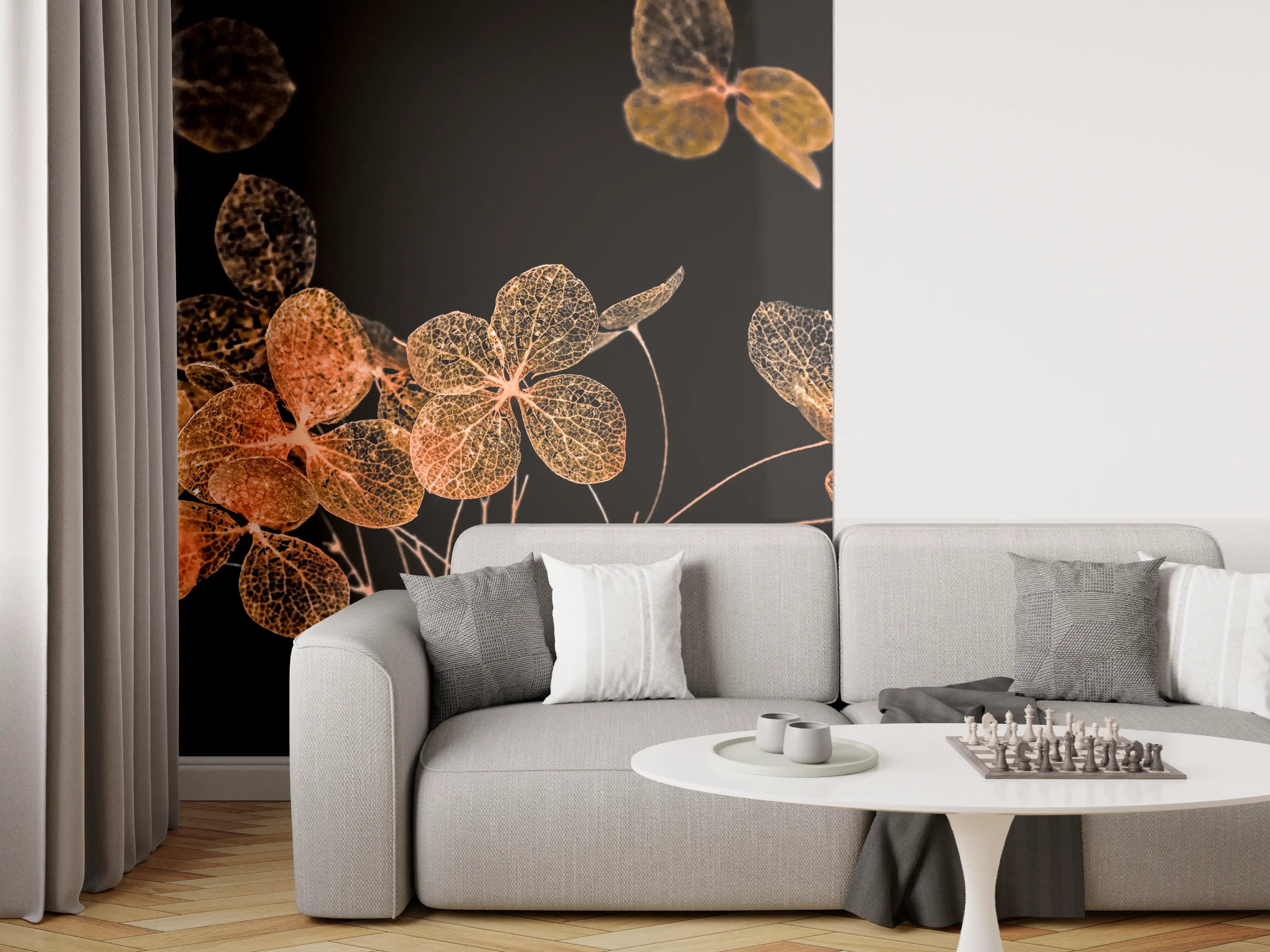 Wandverkleidung Wohnzimmer - Zarte Herbstblätter in Gold und Braun