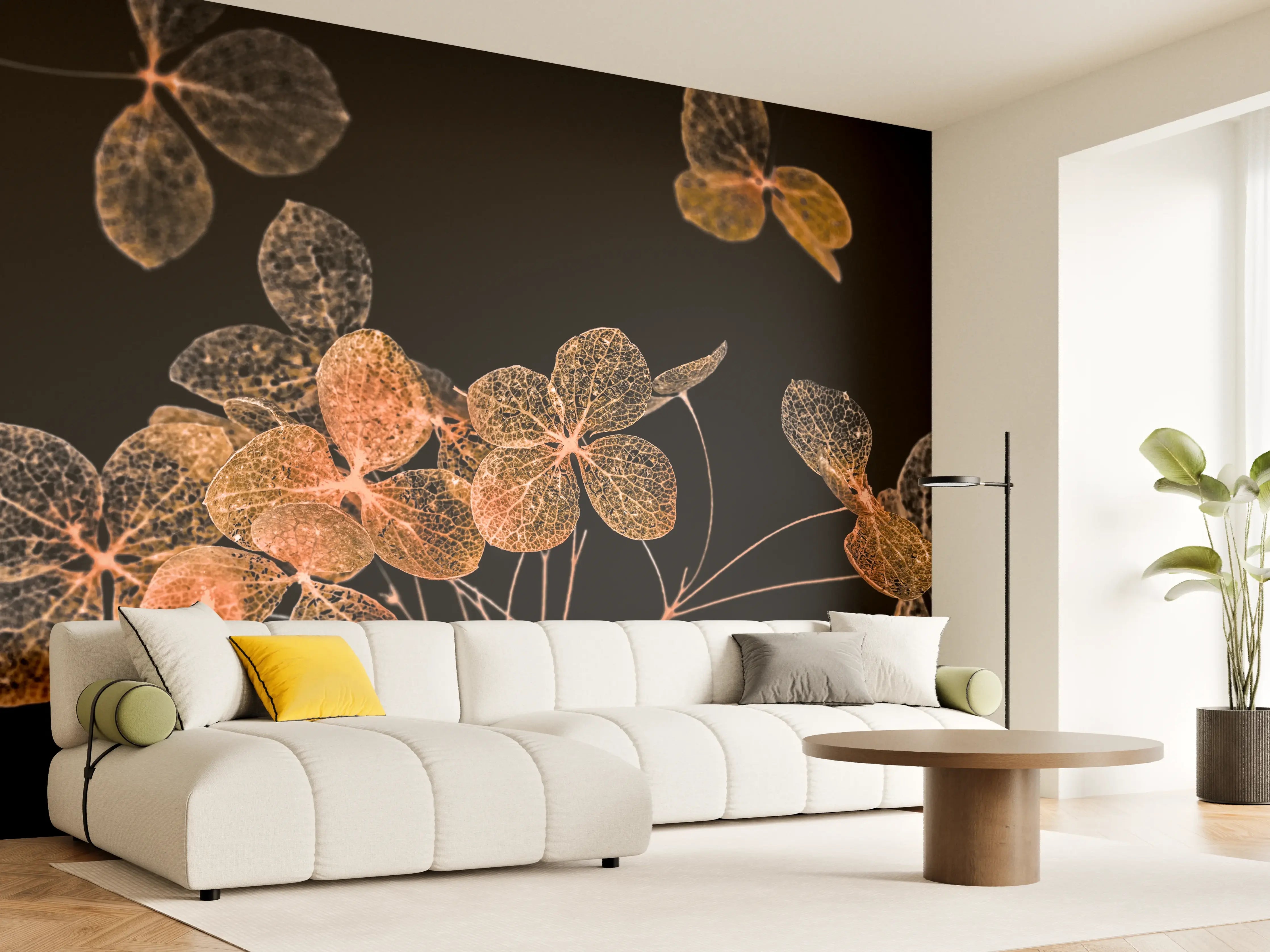 Wandverkleidung Wohnzimmer - Zarte Herbstblätter in Gold und Braun