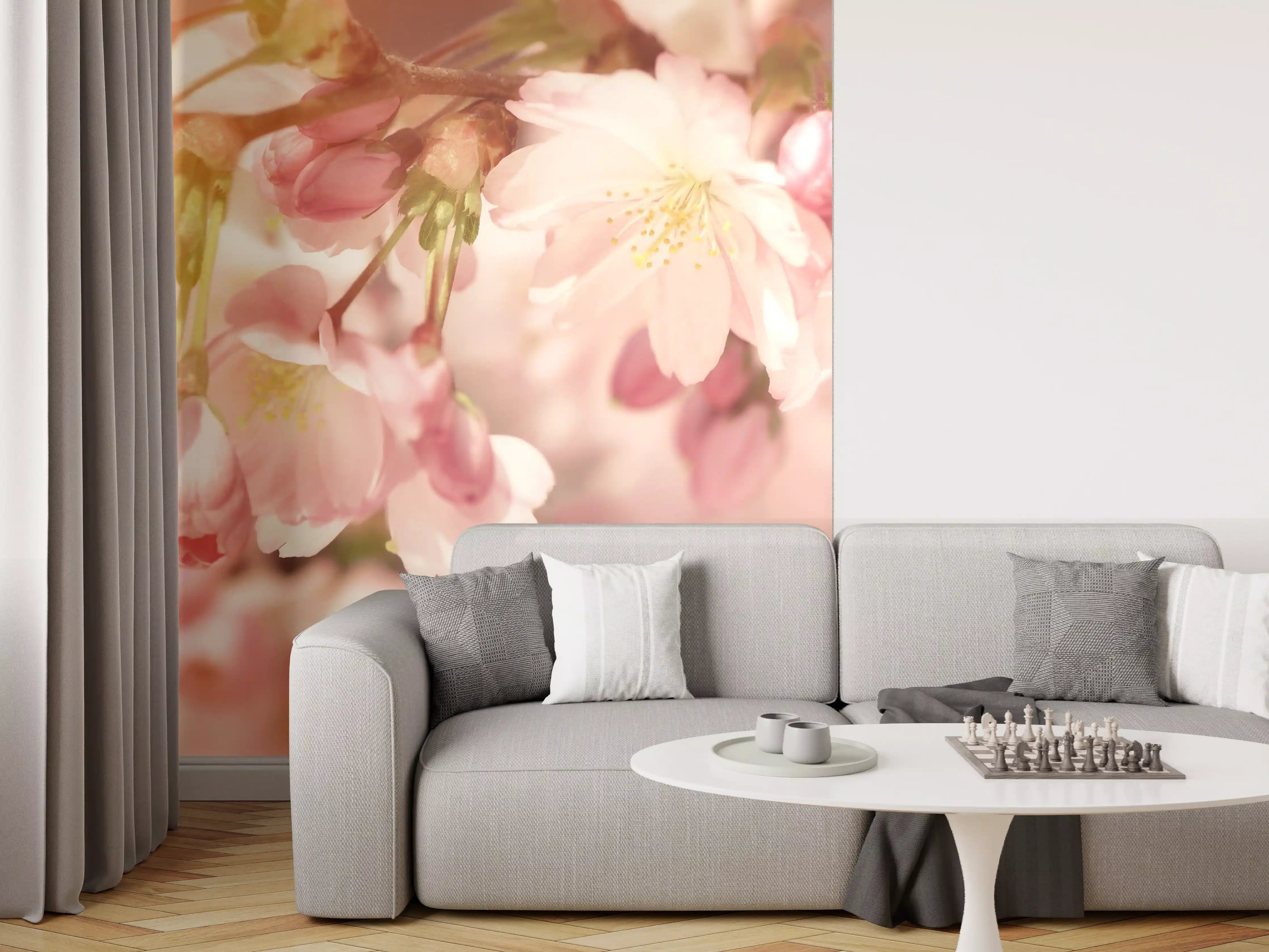 Wandverkleidung Wohnzimmer - Zarte Kirschblüten im Sonnenlicht
