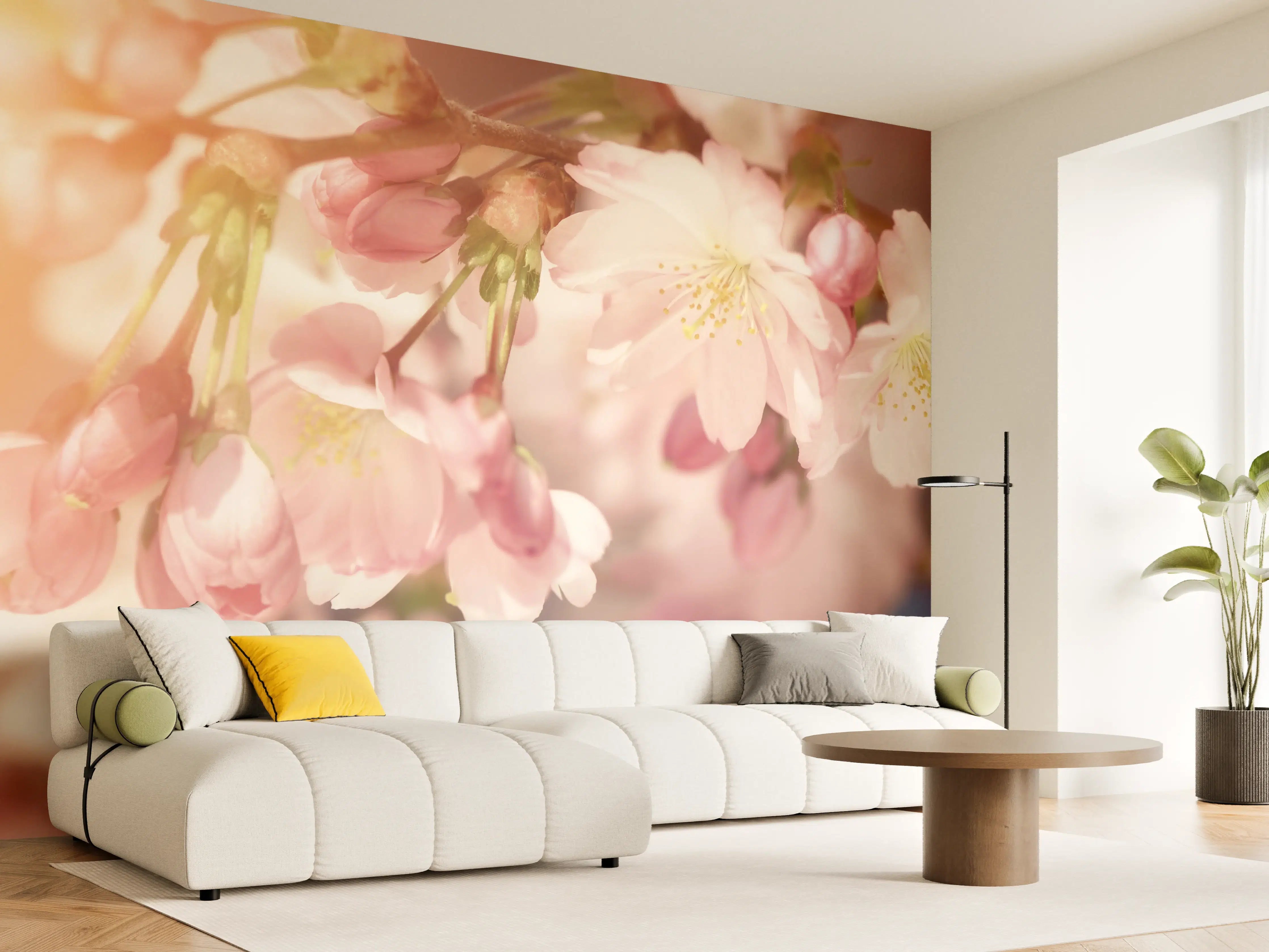 Wandverkleidung Wohnzimmer - Zarte Kirschblüten im Sonnenlicht