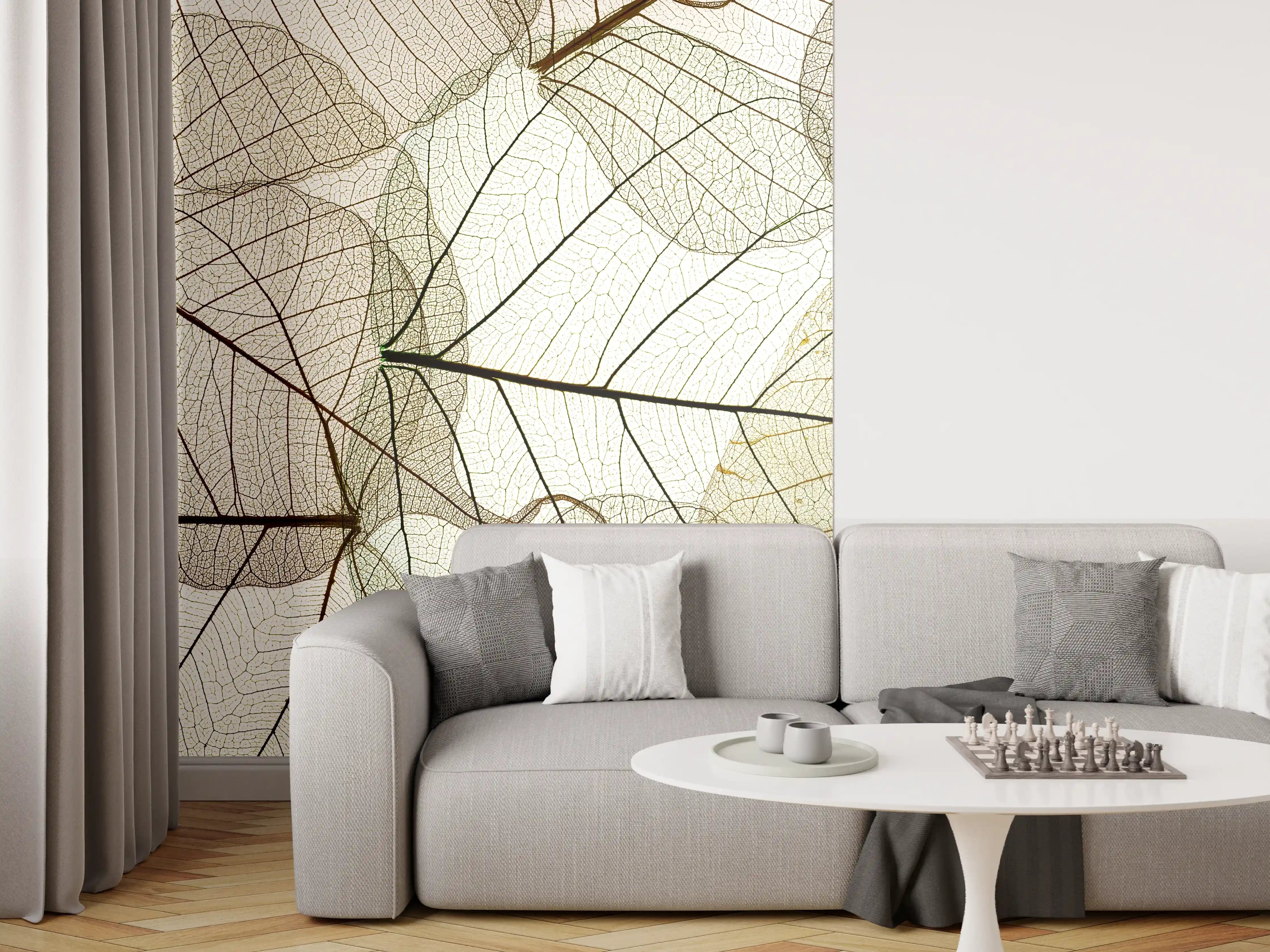 Wandverkleidung Wohnzimmer - Zarte Laubmuster in Naturoptik