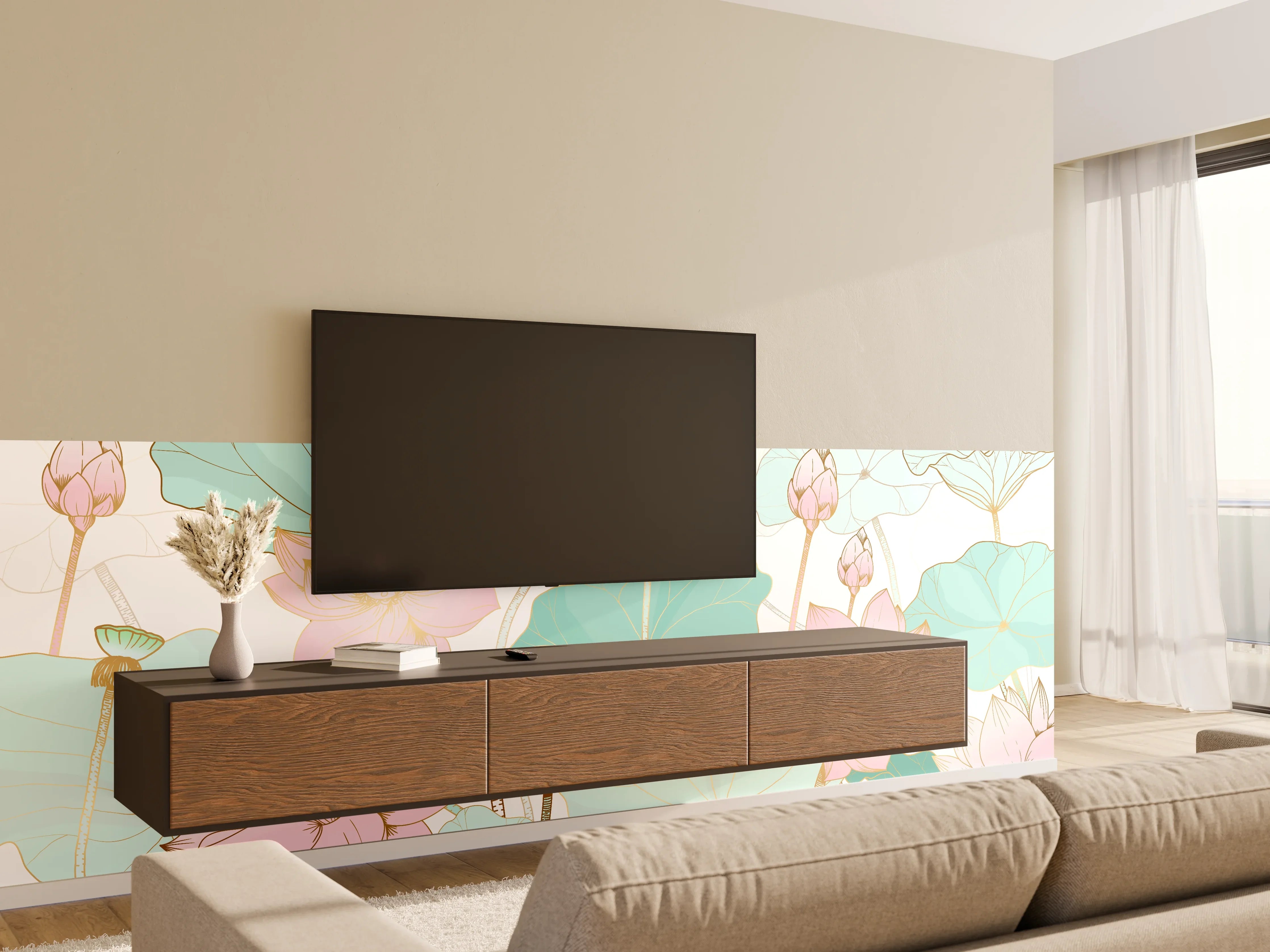 Wandverkleidung Wohnzimmer - Zarte Lotusblüten Pastellfarben
