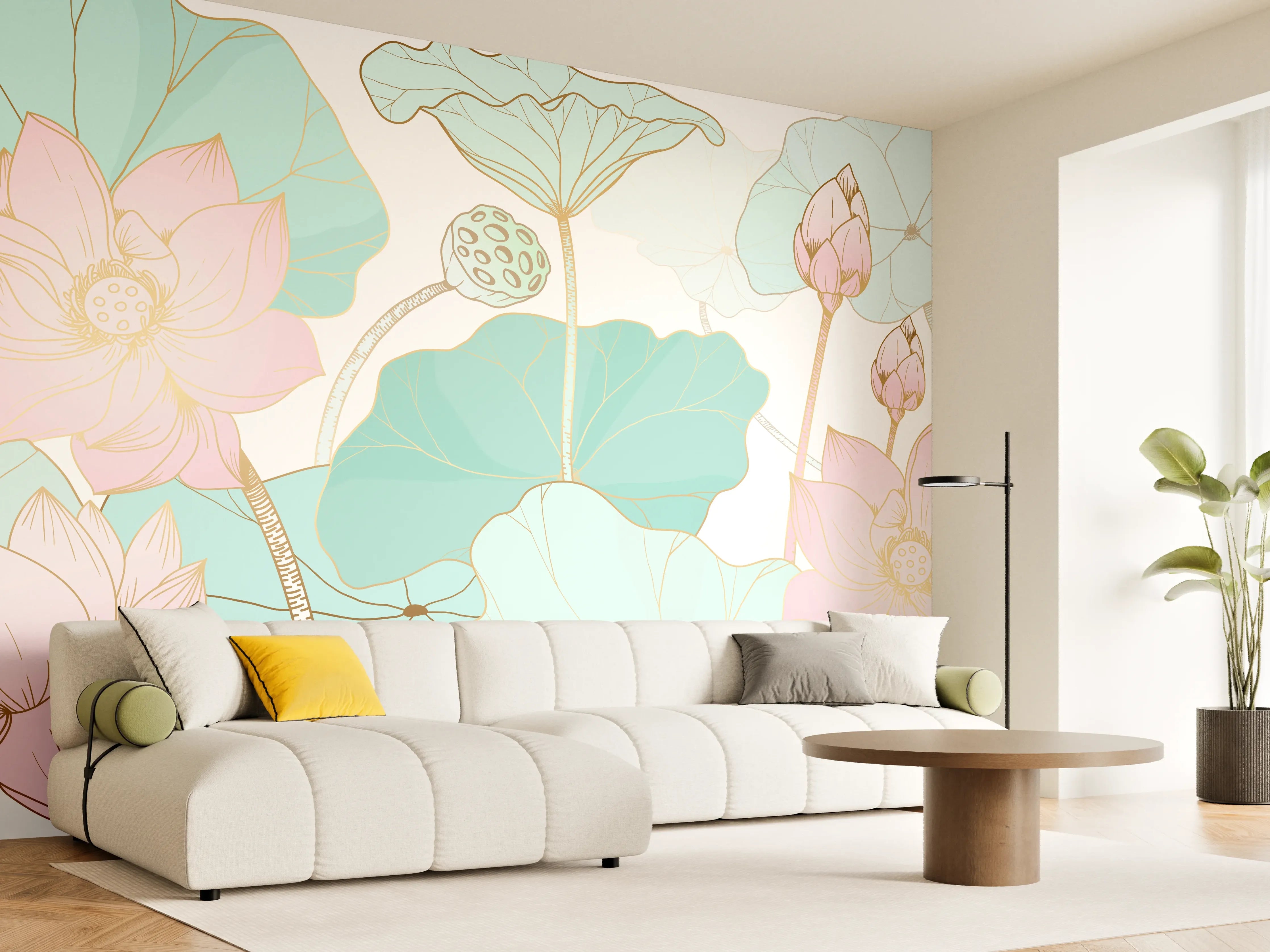 Wandverkleidung Wohnzimmer - Zarte Lotusblüten Pastellfarben